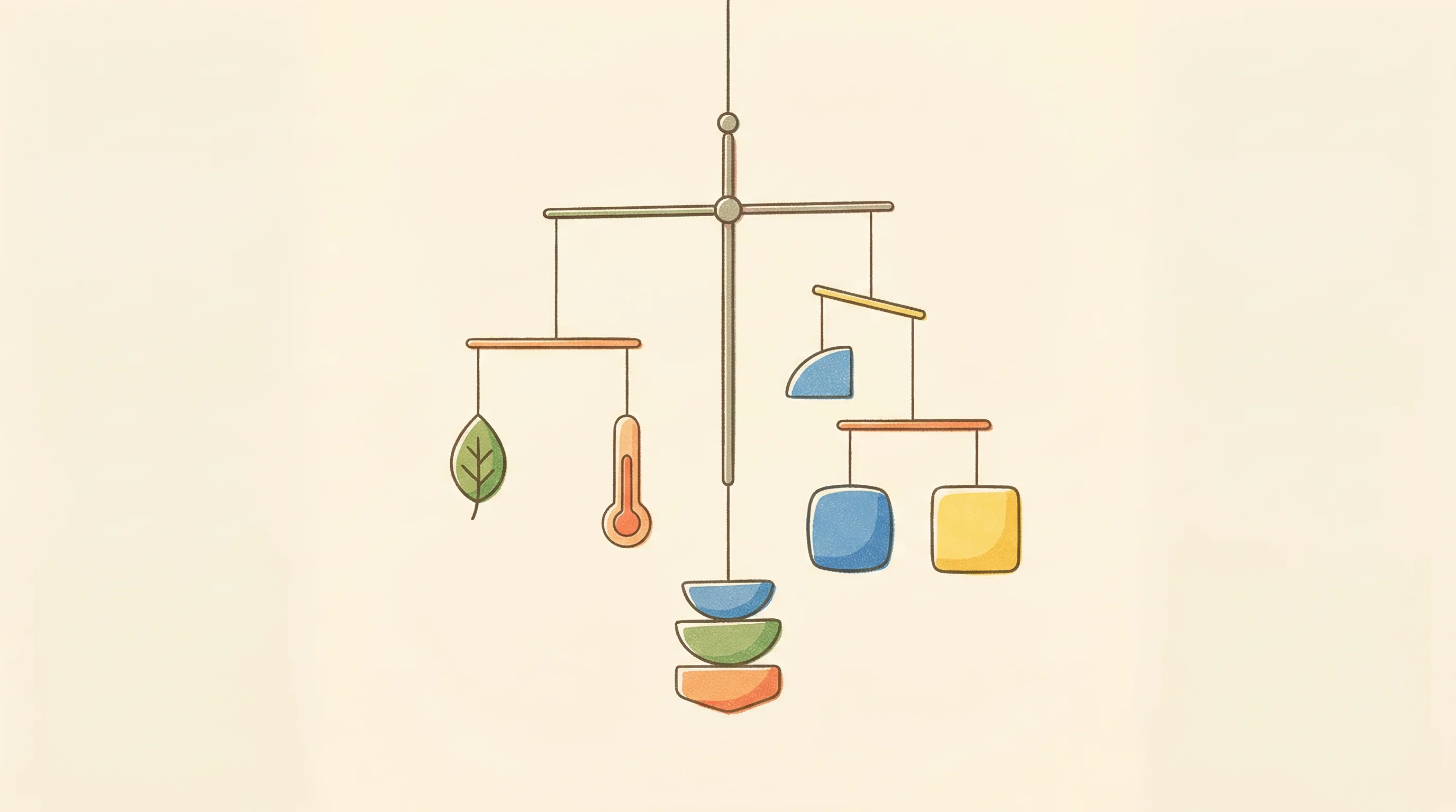 Digital illustration for article section "The Question Left Hanging" in "AI Data Centers' Energy Crisis Spawns New Wave of Power Startups" - A clean, minimal risograph print illustration of a delicate, hanging balanced mobile suspended in mi...