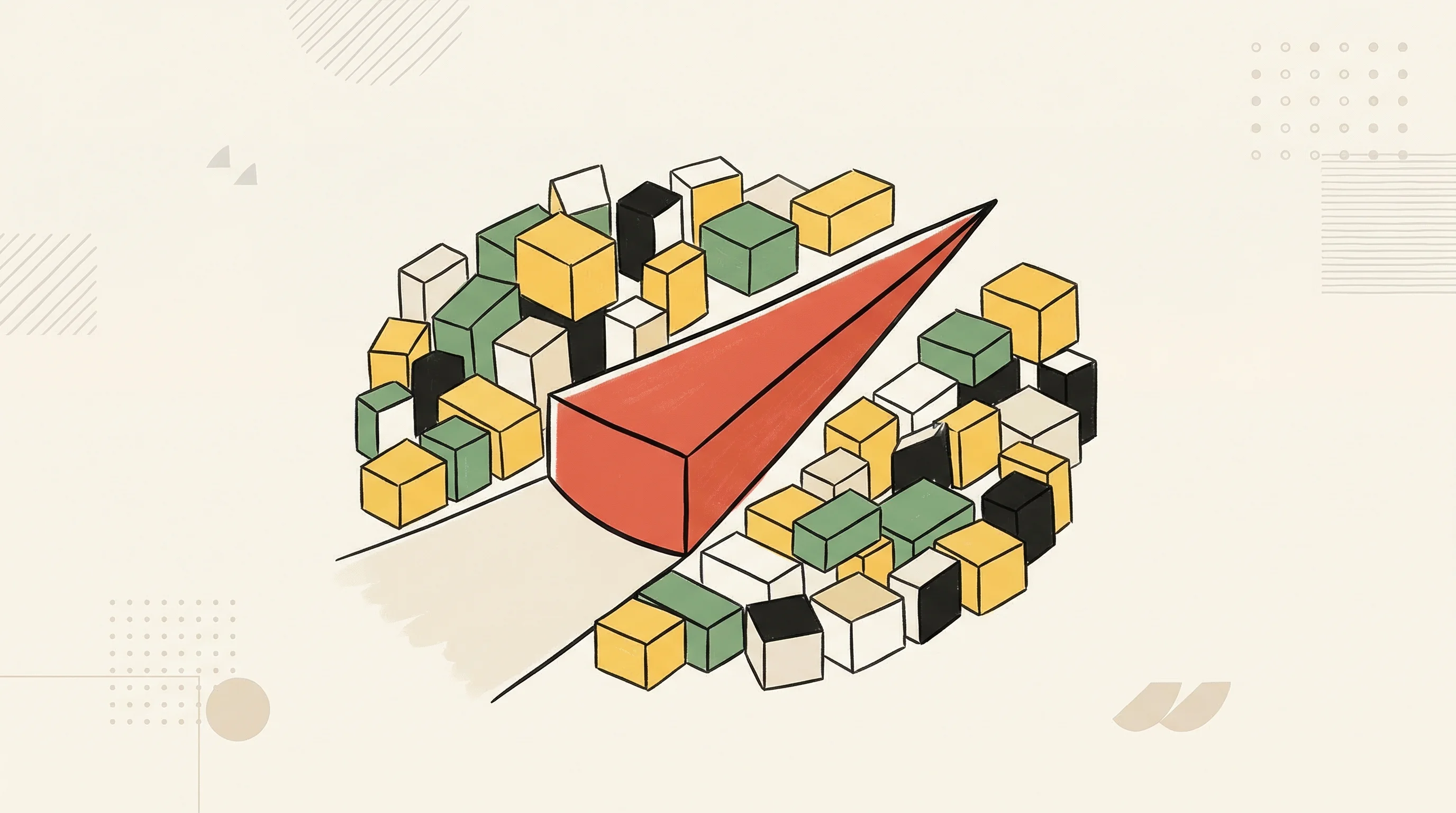 Digital illustration for article section "Crowded Territory, Narrow Wedge" in "YC's Autumn AI Launches Real-Time Signal Intelligence for Sales Teams" - A warm minimalist illustration depicting the concept of a narrow wedge entering a crowded territory,...