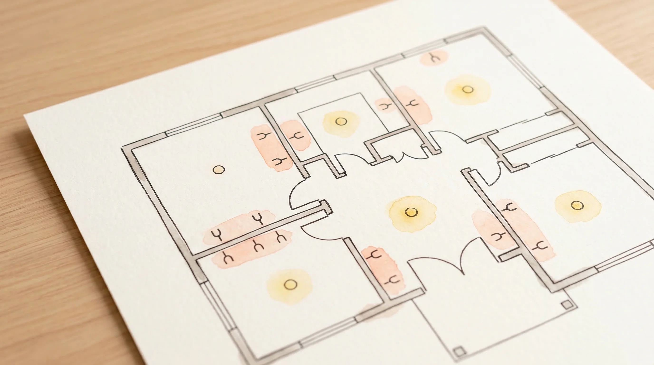 Digital illustration for article section "Showing Your Work" in "Bidflow Launches AI Copilot to Automate Electrical Estimating" - A clean, minimalist illustration of an architectural electrical plan resting on a smooth, uncluttere...
