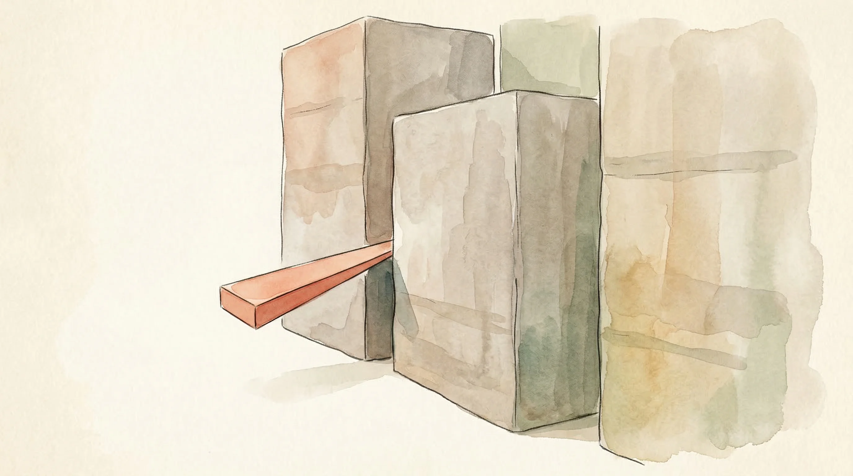 Digital illustration for article section "A Narrow Wedge Into a Massive Market" in "Bidflow Launches AI Copilot to Automate Electrical Estimating" - A conceptual, minimalist illustration of a sleek, narrow geometric wedge precisely sliding into a sm...