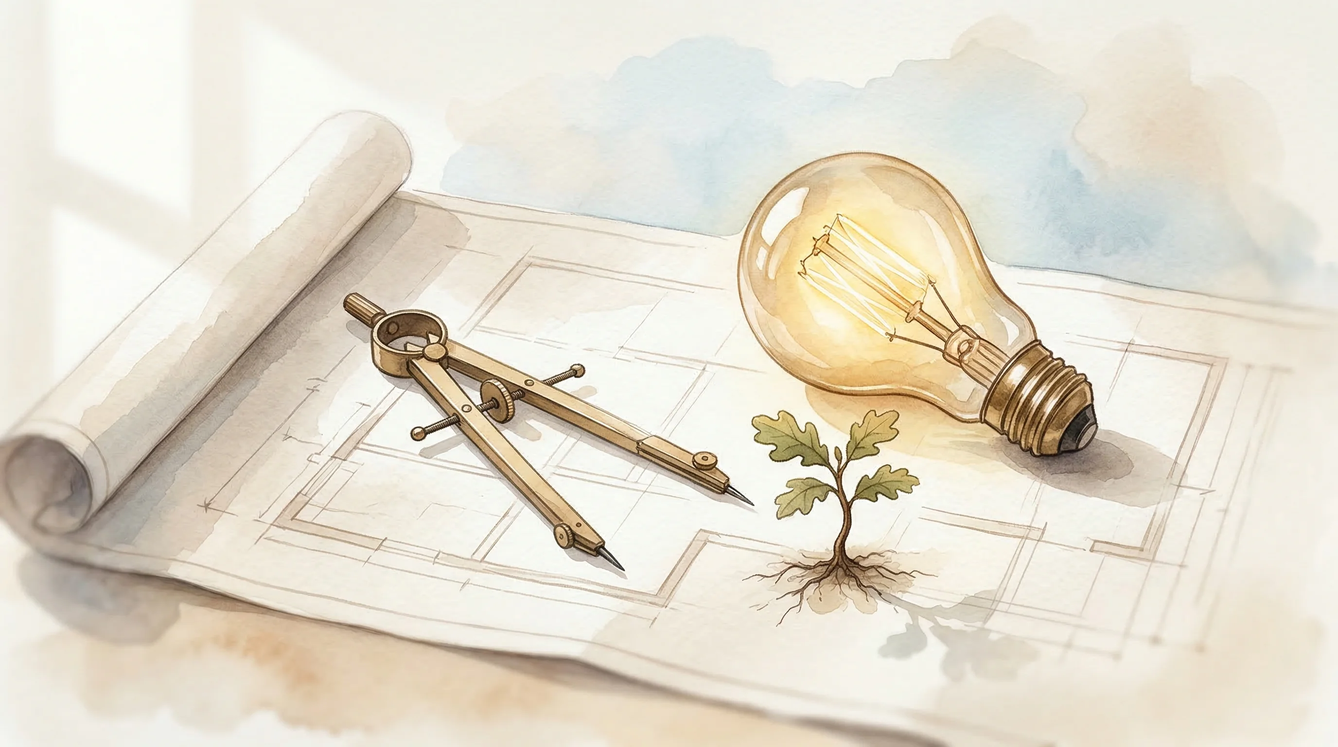 Digital illustration for article section "The Long Game" in "Bidflow Launches AI Copilot to Automate Electrical Estimating" - A beautifully minimalist conceptual composition featuring a single, elegant vintage drafting compass...
