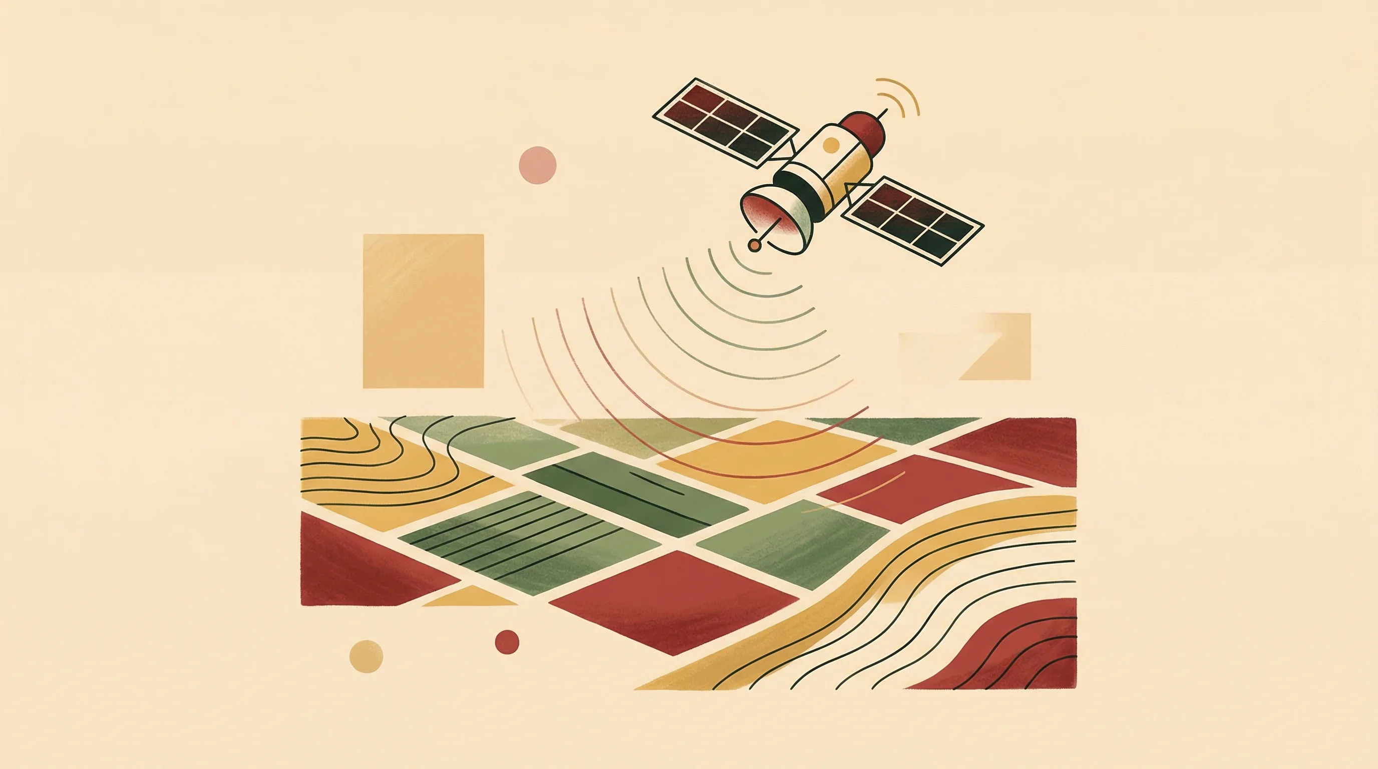 Digital illustration for article section "Three Things That Changed" in "Satellite Verification Gets USDA Green Light as Verdex Scales to 100M Acres" - A conceptual, modern minimalist illustration representing satellite technology analyzing agricultura...