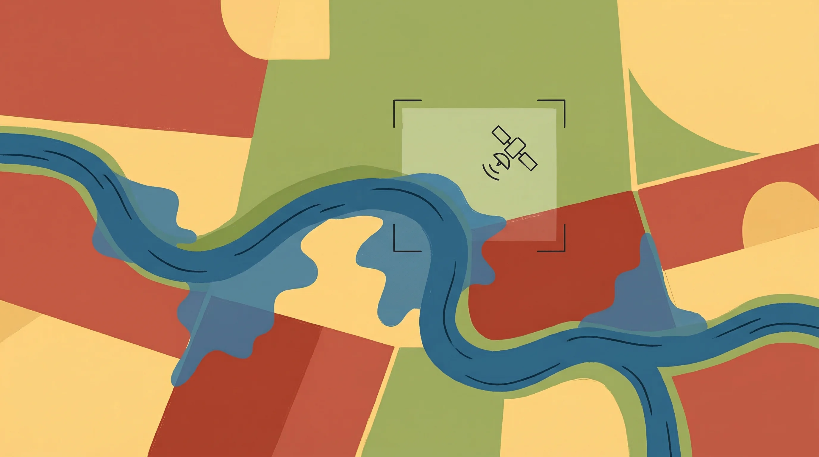 Digital illustration for article section "A Crowded Field" in "Satellite Verification Gets USDA Green Light as Verdex Scales to 100M Acres" - A warm minimalist illustration depicting a top-down, abstract view of a landscape with a winding riv...