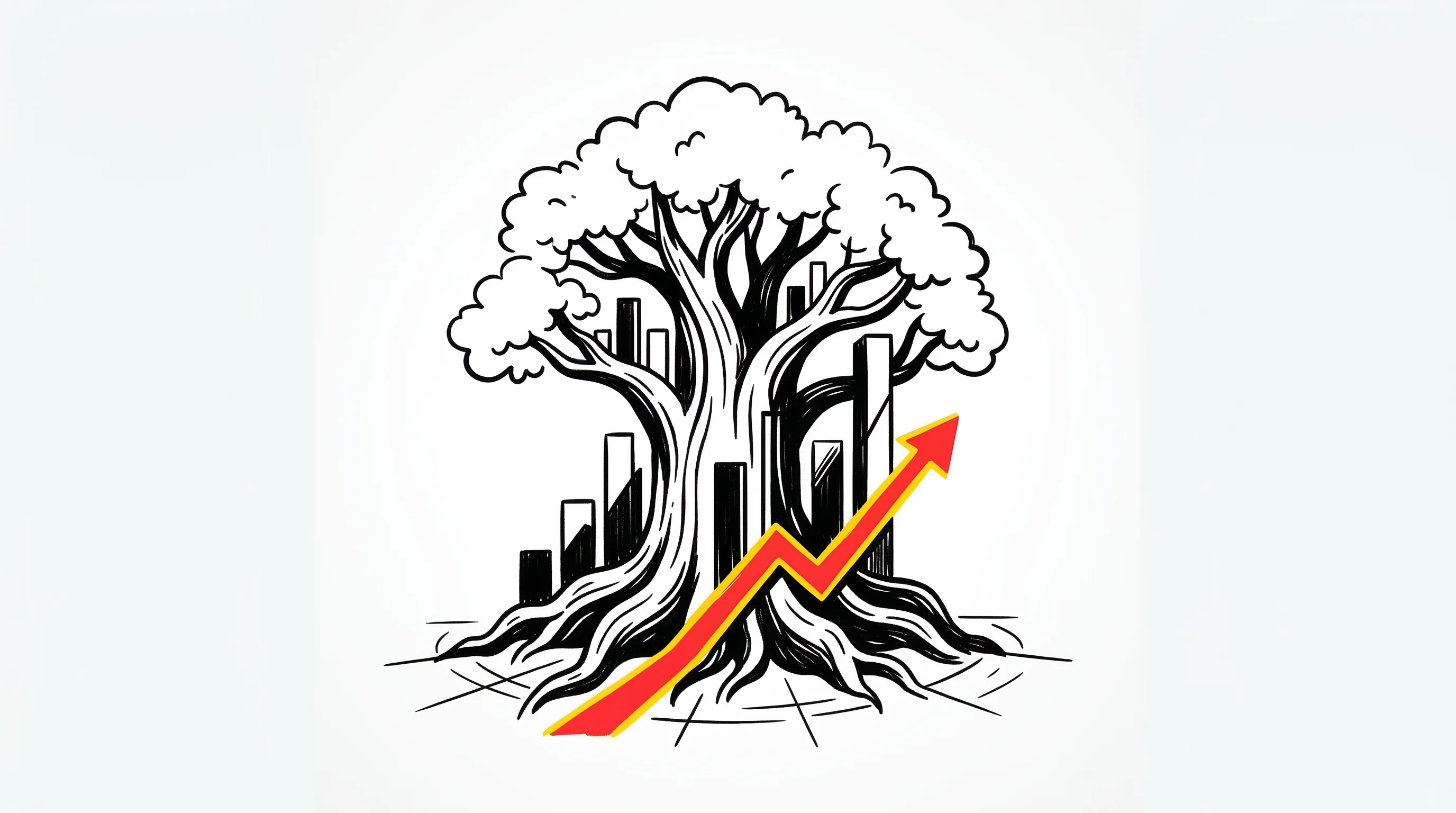 Digital illustration for article section "The Incumbents Aren't Sleeping" in "YC-Backed Axis Launches AI Platform for Commodities Trading Desks" - A conceptual, minimalist illustration depicting a massive, deeply rooted ancient oak tree intertwine...
