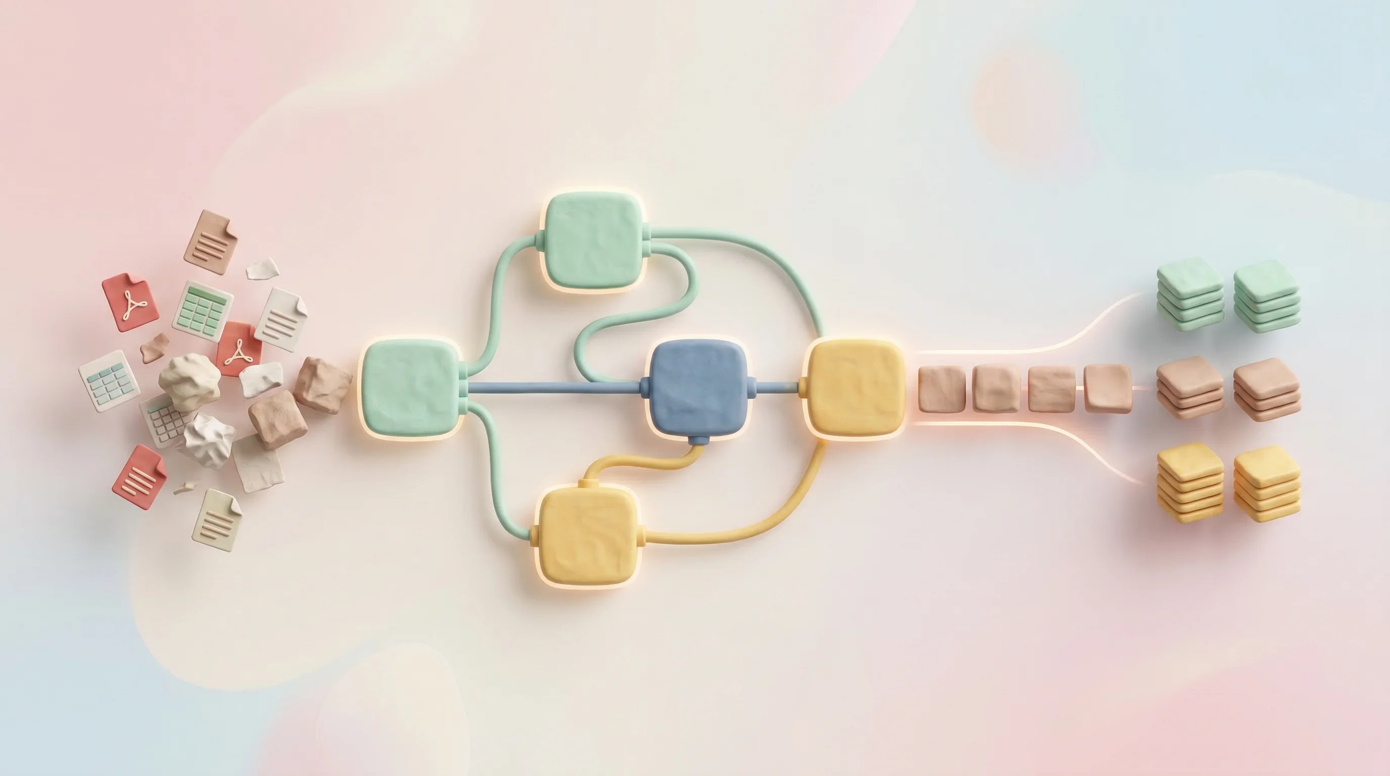 Digital illustration for article section "The Data Workflow Angle" in "YC-Backed Unsloth Launches Studio for No-Code AI Model Training" - A clean, minimal 3D conceptual illustration of a visual node-graph system transforming messy informa...