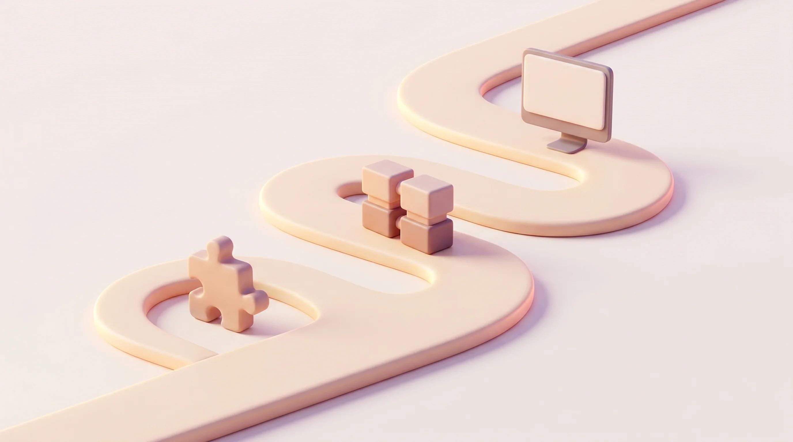 Digital illustration for article section "The Roadmap Ahead" in "YC-Backed Unsloth Launches Studio for No-Code AI Model Training" - A conceptual, minimalist 3D illustration of a winding roadmap stretching forward, symbolizing upcomi...