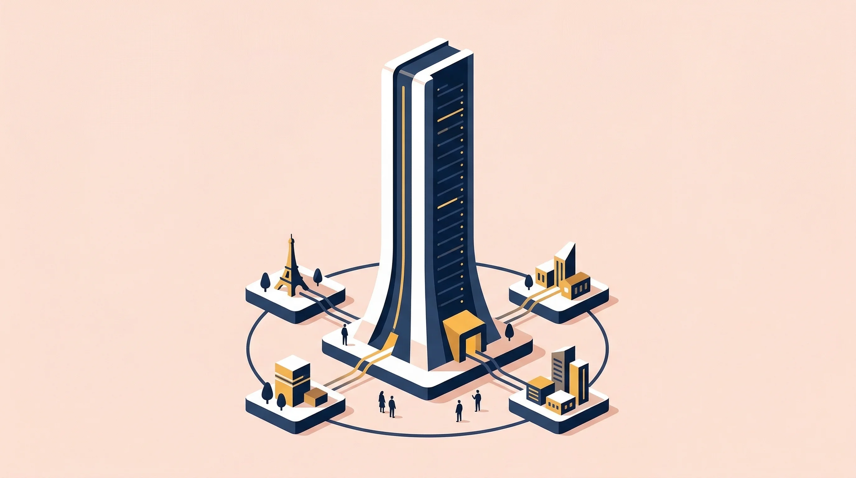 Digital illustration for article section "What Gets Built With a Billion Dollars" in "Yann LeCun's AMI Labs Raises Record $1.03B European AI Seed Round" - A minimalist, expressive flat design illustration of a monumental, sleek architectural server tower ...