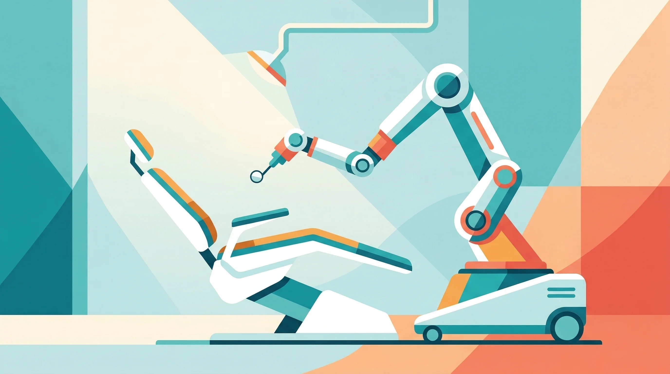 Digital illustration for article section "What Dentronic Does Say" in "Dentronic Enters Dental Robotics Race with Unconfirmed Pre-Seed" - A sleek, modern robotic dental assistant arm gracefully positioned beside a minimalist dental chair,...