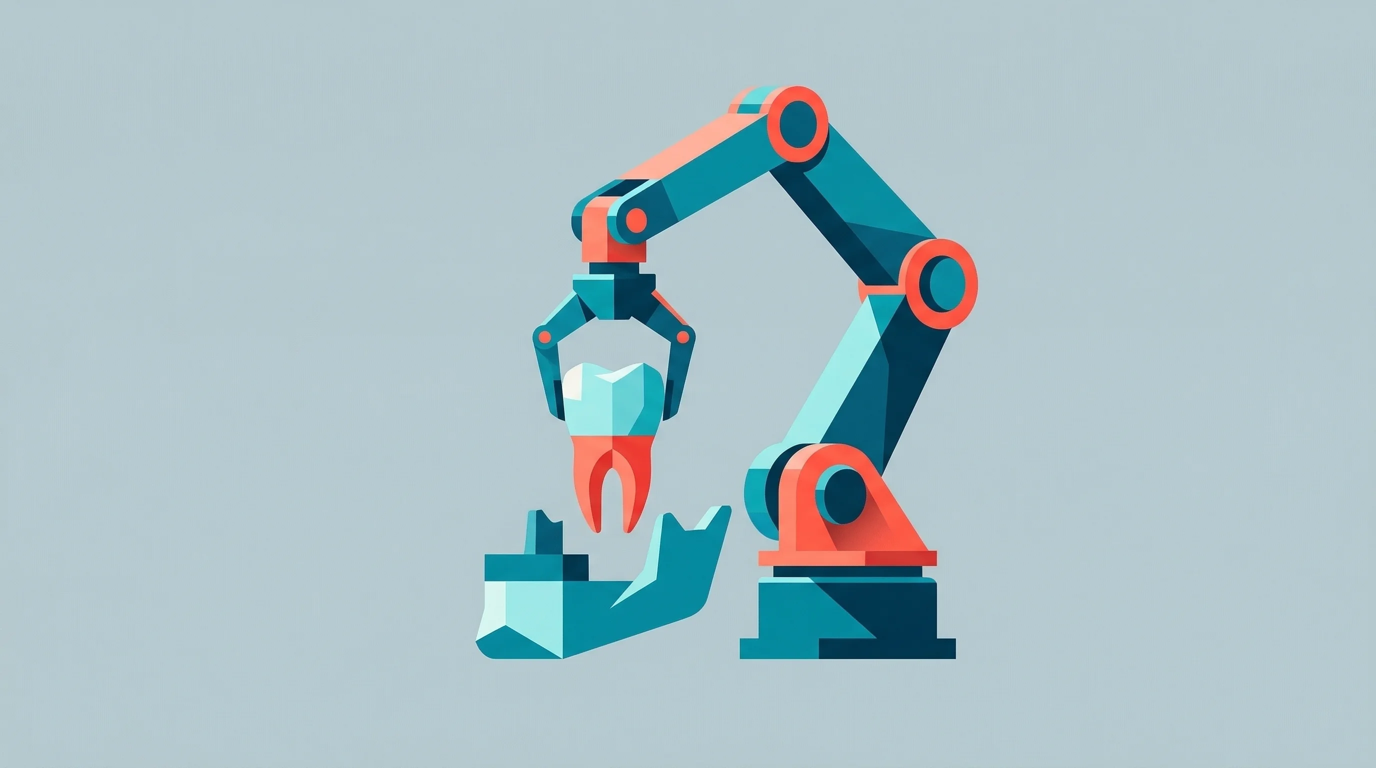 Digital illustration for article section "A Crowded Field Moving Fast" in "Dentronic Enters Dental Robotics Race with Unconfirmed Pre-Seed" - A clean and conceptual illustration of a sleek, modern robotic dental arm precisely positioning a st...