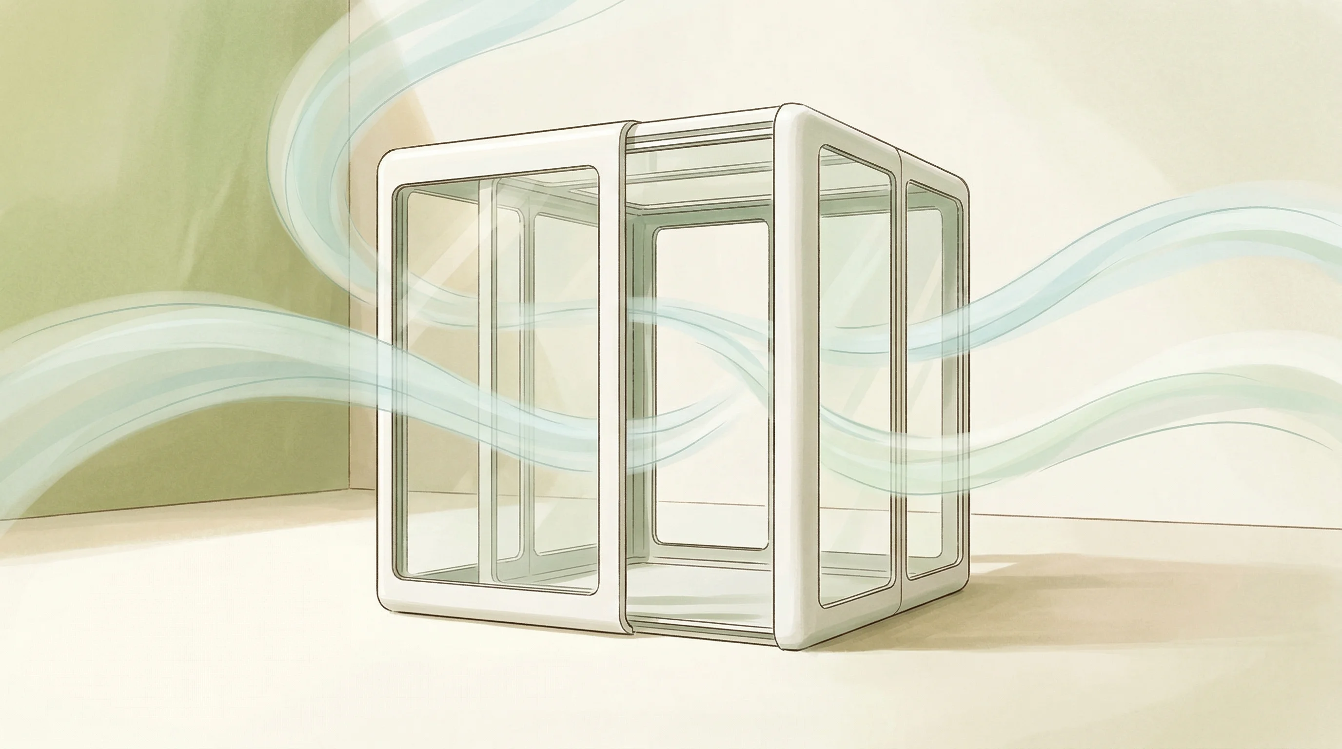 Digital illustration for article section "Fifteen Minutes to Containment" in "Carecubes Raises $6.5M for Portable Isolation Units Amid Measles Surge" - A pristine, modern modular containment cube stands in the center of a serene, minimalist space, its ...