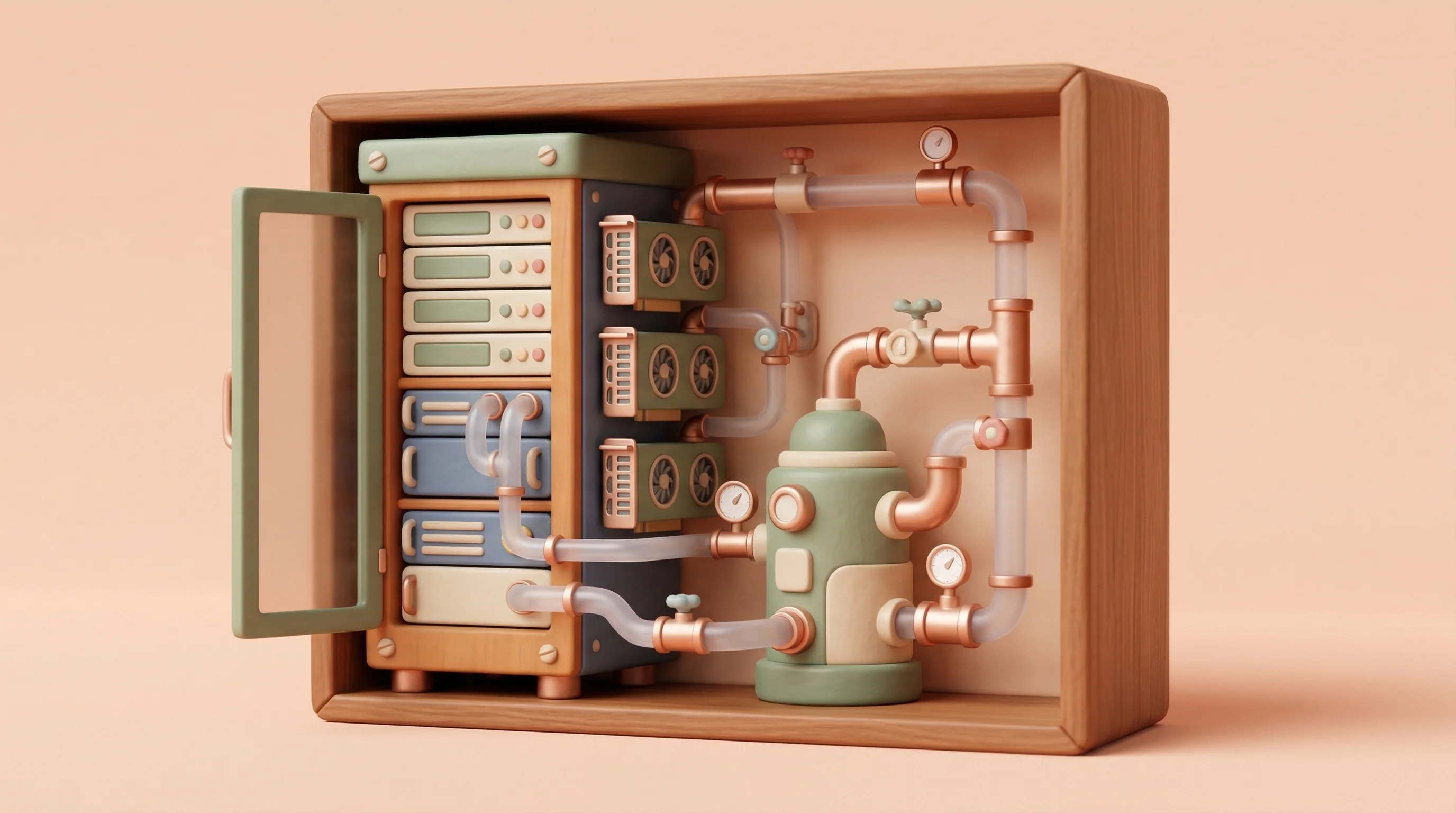 Digital illustration for article section "Content Section 2" in "Hosted·ai Raises $19M to Build 'Operating System' for GPU Clouds" - A clean, minimalist 3D rendering of a modern server rack and GPU units connected by stylized, neat p...