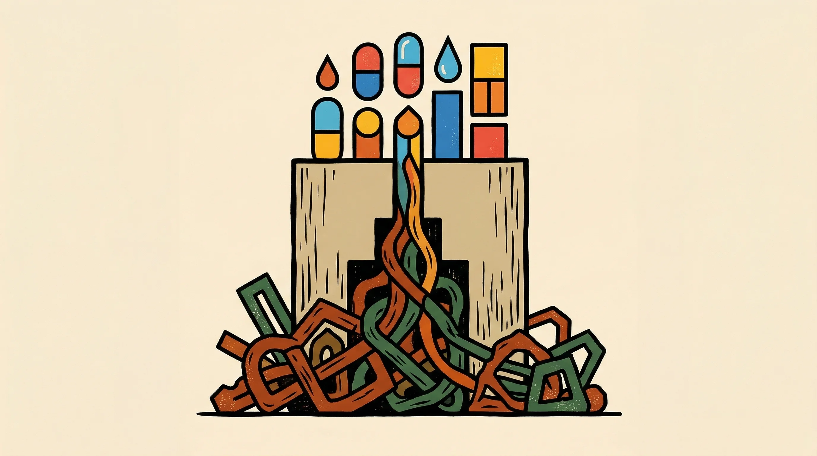 Digital illustration for article section "Infrastructure Plays in Healthcare: Hard but Lucrative" in "YC's Mantis Launches Data Platform to Fix Clinical Trial Bottlenecks" - A conceptual, minimal illustration representing a foundational healthcare data infrastructure acting...