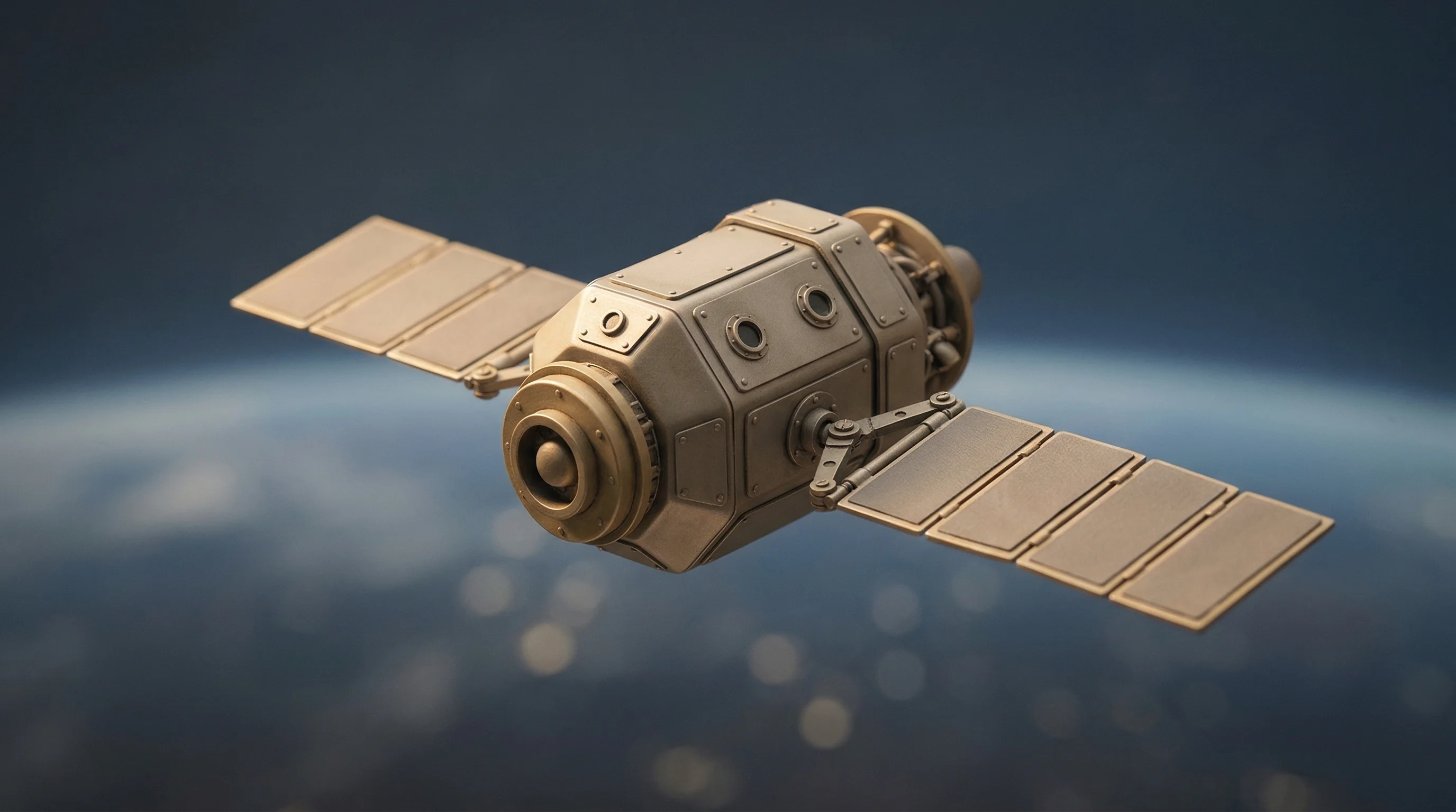 Digital illustration for article section "Betting on Applications That Don't Quite Exist Yet" in "Beyond Reach Labs' Solar Arrays Expand 100x in Orbit to Power Space" - A conceptual miniature model of an orbital data center floating peacefully in low Earth orbit, blend...