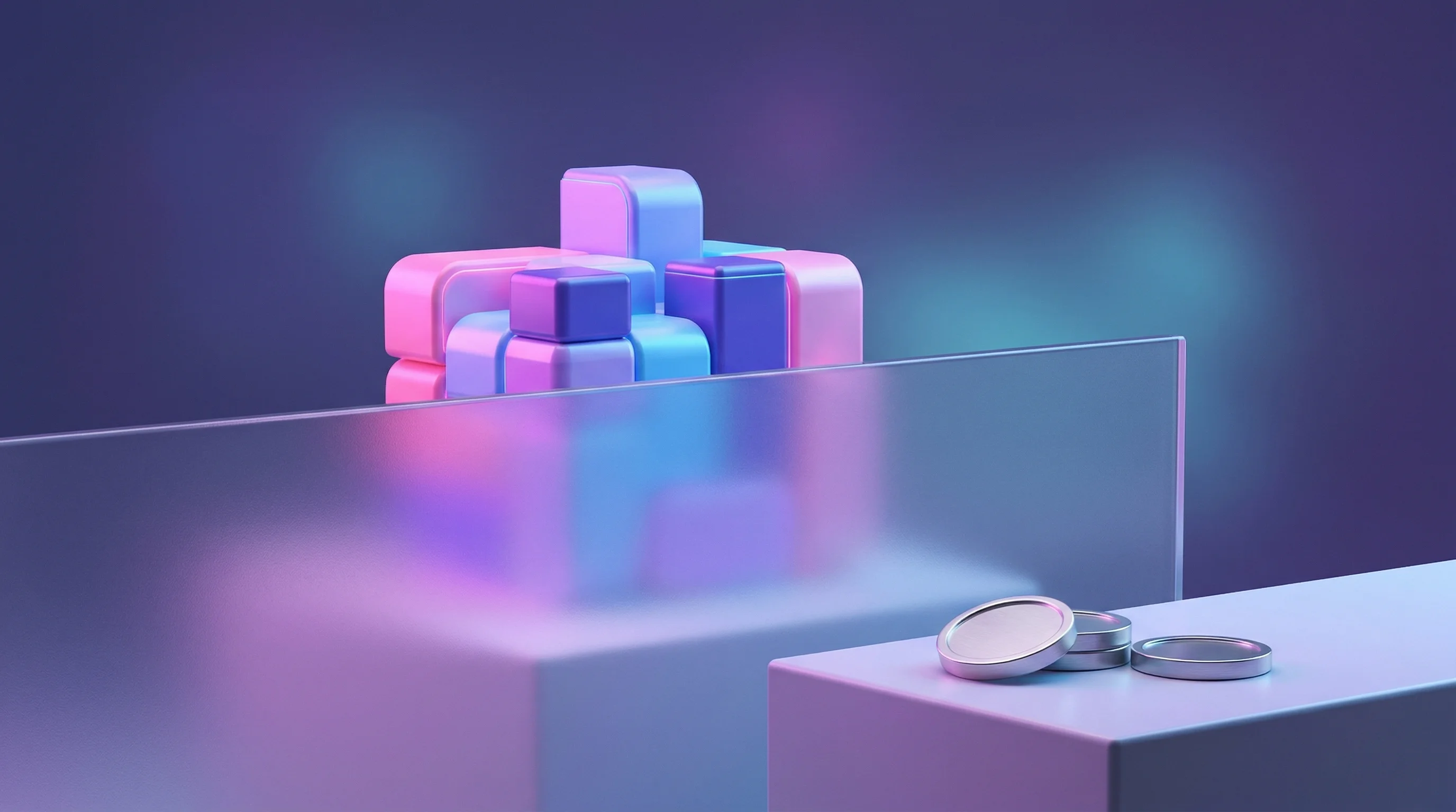 Digital illustration for article section "The Educational Angle, and What's Behind the Curtain" in "YC-Backed CodeWisp Lets Anyone Build Games with AI Prompts" - A minimalist, conceptual 3D illustration of sleek, interlocking modular building blocks representing...