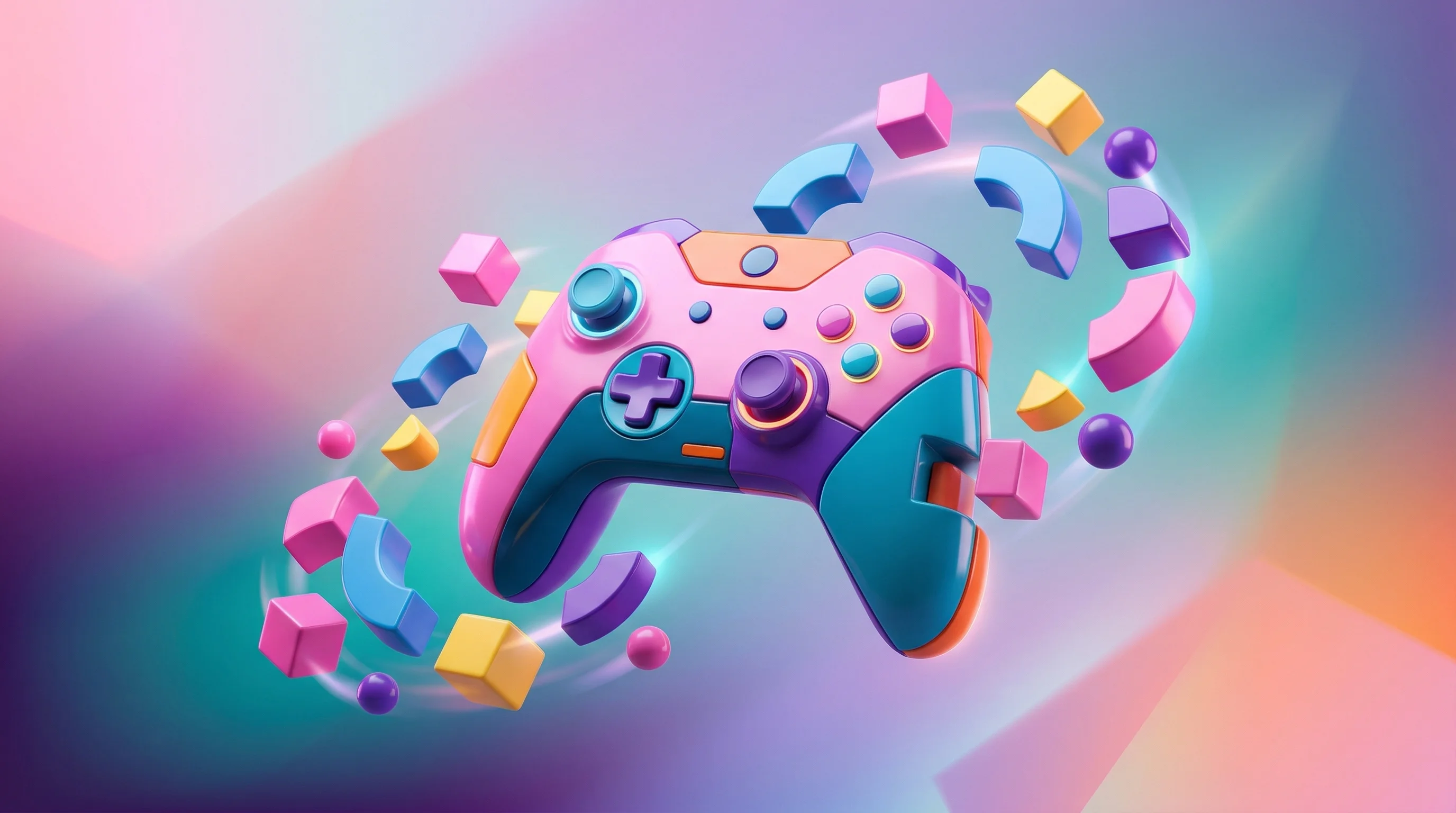 Digital illustration for article section "A Market Already in Motion" in "YC-Backed CodeWisp Lets Anyone Build Games with AI Prompts" - A sleek, abstract game controller dynamically assembling itself from smooth, floating geometric buil...