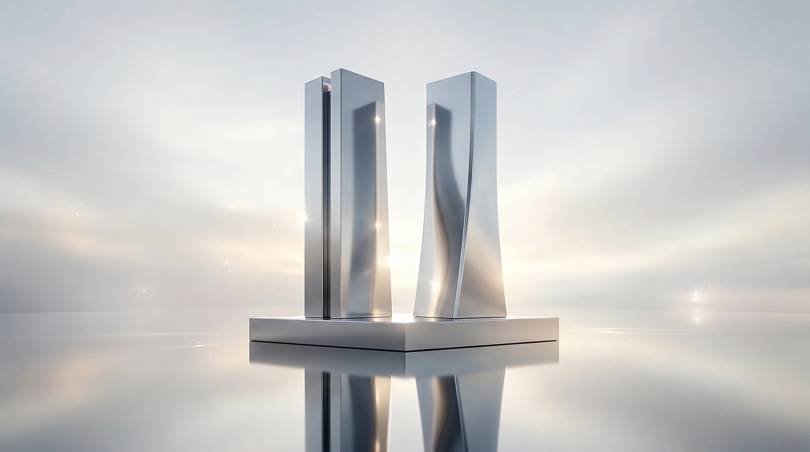 Digital illustration for article section "From Incubation to Independence" in "Claros Raises $30M to Cut AI Data Center Energy Waste by 30%" - A sleek, conceptual representation of incubation and independence featuring two monumental, abstract...