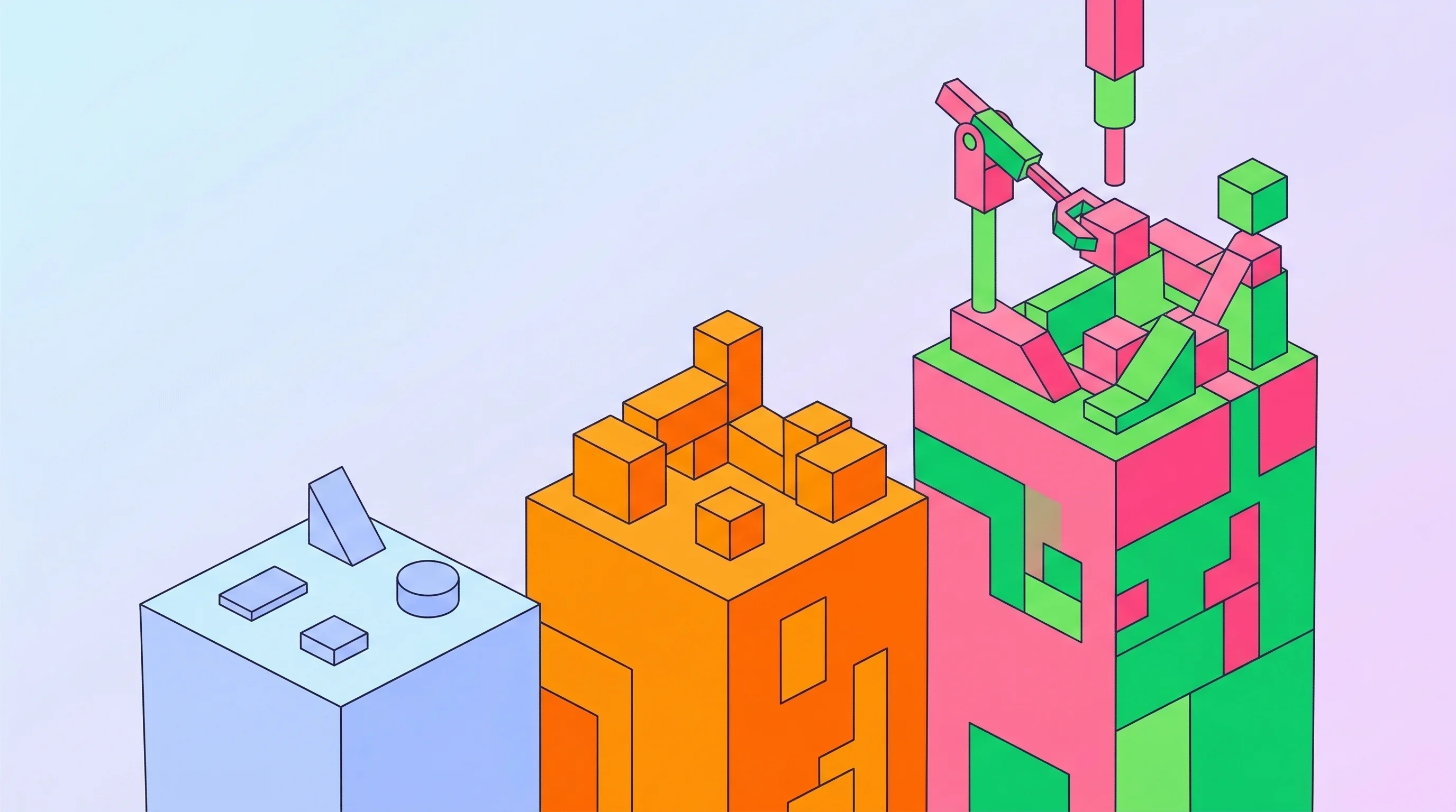 Digital illustration for article section "Automations for Those Willing to Pay" in "YC's 1Code Launches Control Panel for AI Coding Agents" - A vibrant geometric illustration in a flat vector style depicting three distinct, ascending pedestal...
