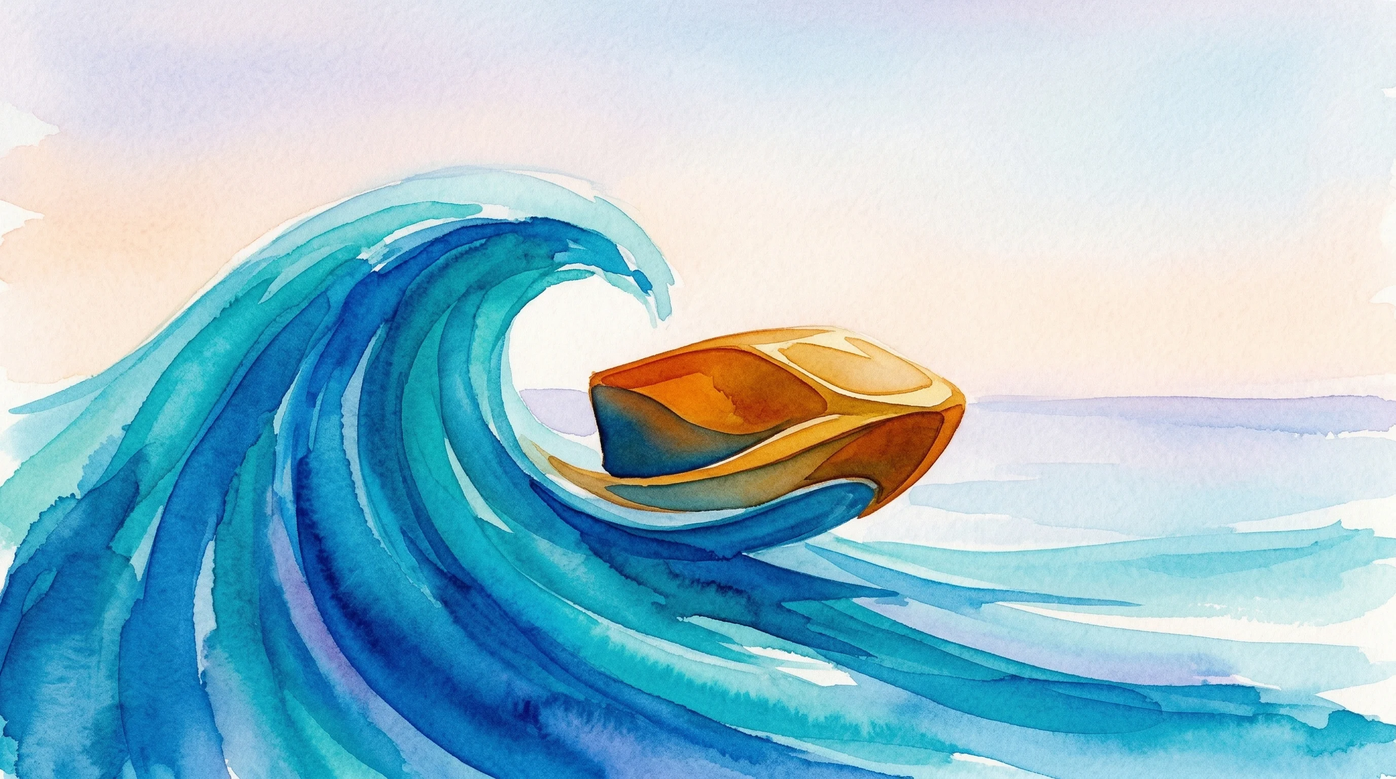 Digital illustration for article section "Riding a Wave—or Getting Ahead of It?" in "Corvera's AI Workforce Automates CPG Operations, Claims 40% Profit Boost" - A conceptual, modern illustration of a sweeping, dynamic wave gently carrying a sleek, abstract ship...