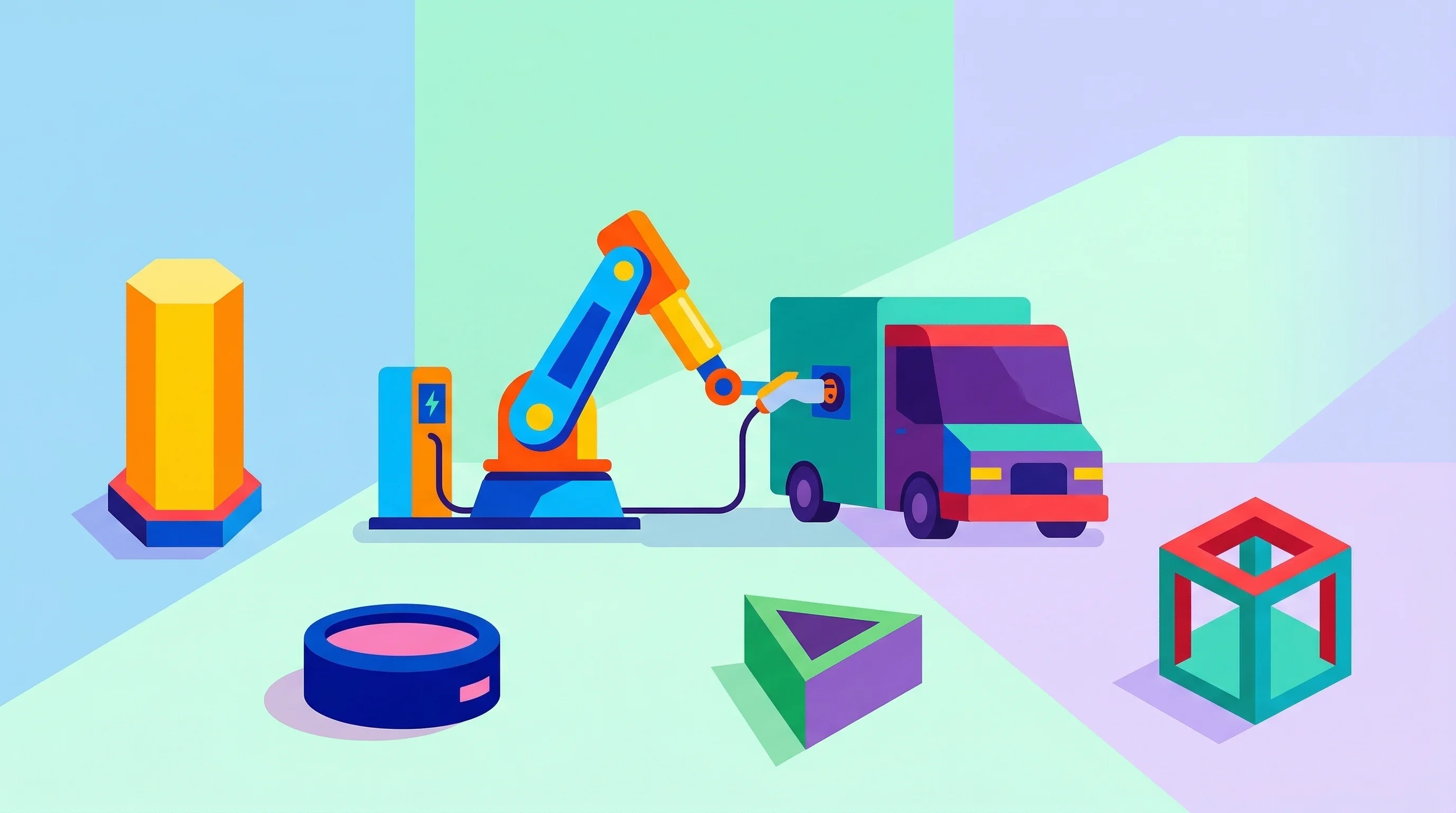 Digital illustration for article section "A Crowded Field Making Different Bets" in "YC-Backed RoboDock Automates EV Fleet Charging with Robotics" - A conceptual, minimalist flat illustration depicting a sleek, automated robotic charging arm smoothl...