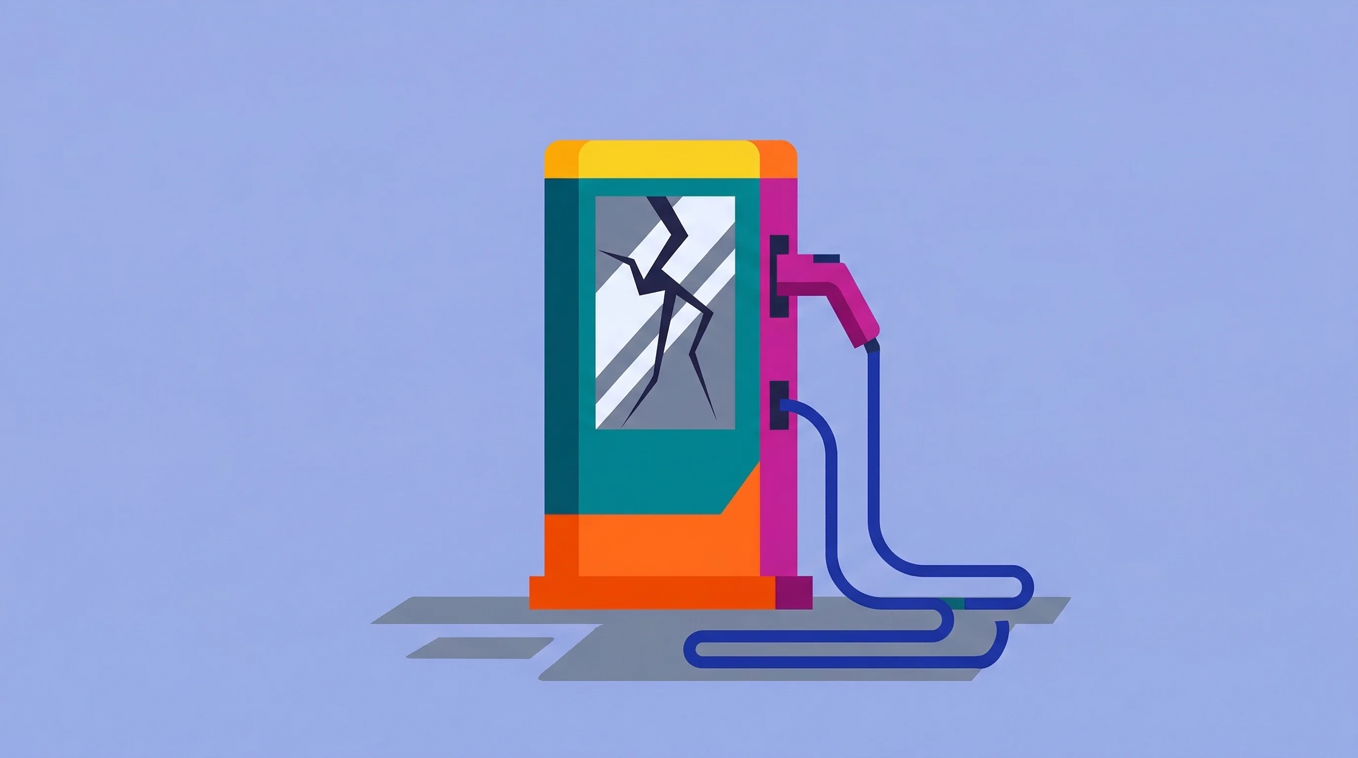 Digital illustration for article section "The Market Backdrop: Charging Still Breaks" in "YC-Backed RoboDock Automates EV Fleet Charging with Robotics" - A minimalist flat illustration of a solitary EV charging station conceptualizing infrastructure wear...