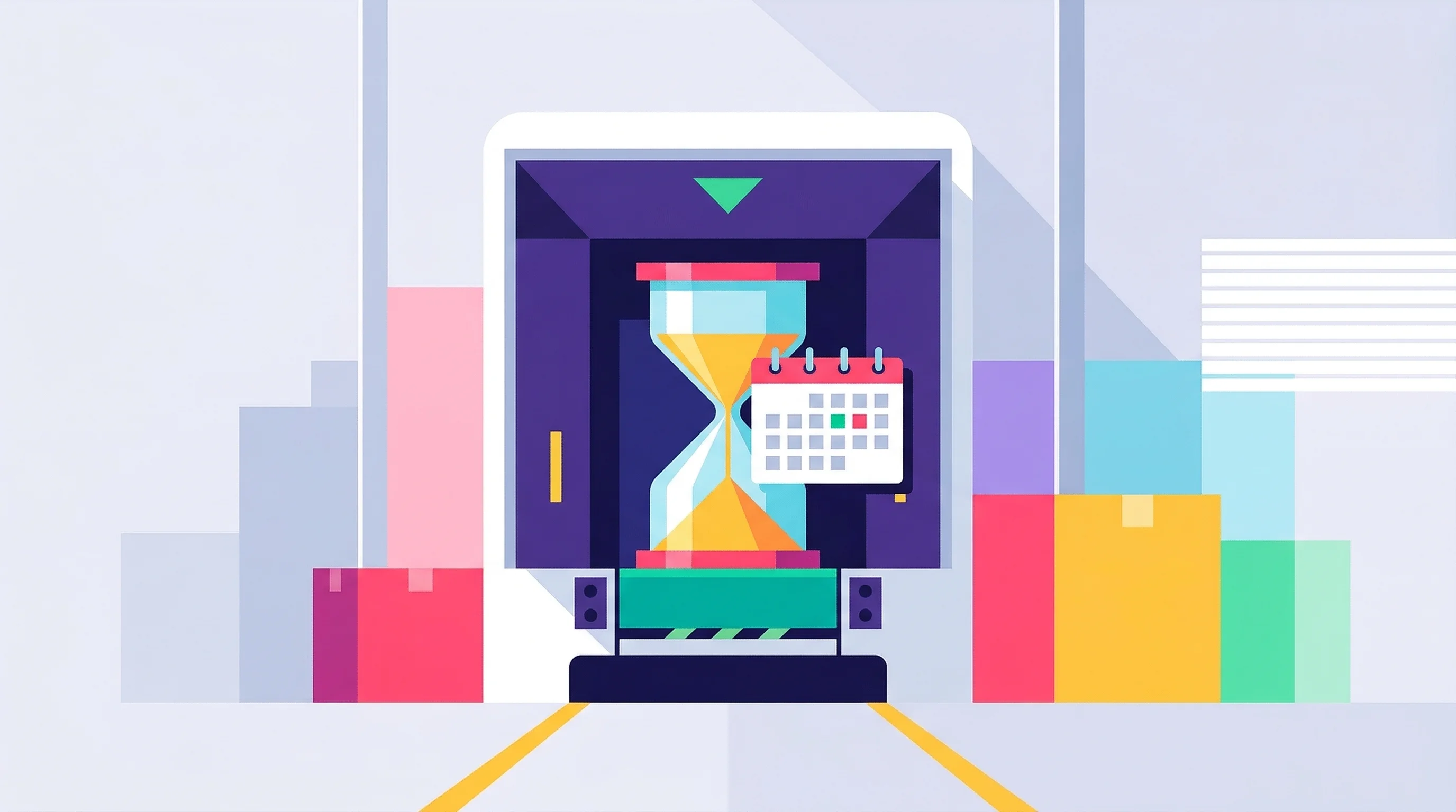 Digital illustration for article section "Waiting for Real-World Proof" in "YC-Backed RoboDock Automates EV Fleet Charging with Robotics" - A minimalist, conceptual flat illustration representing the anticipation of real-world logistics pil...