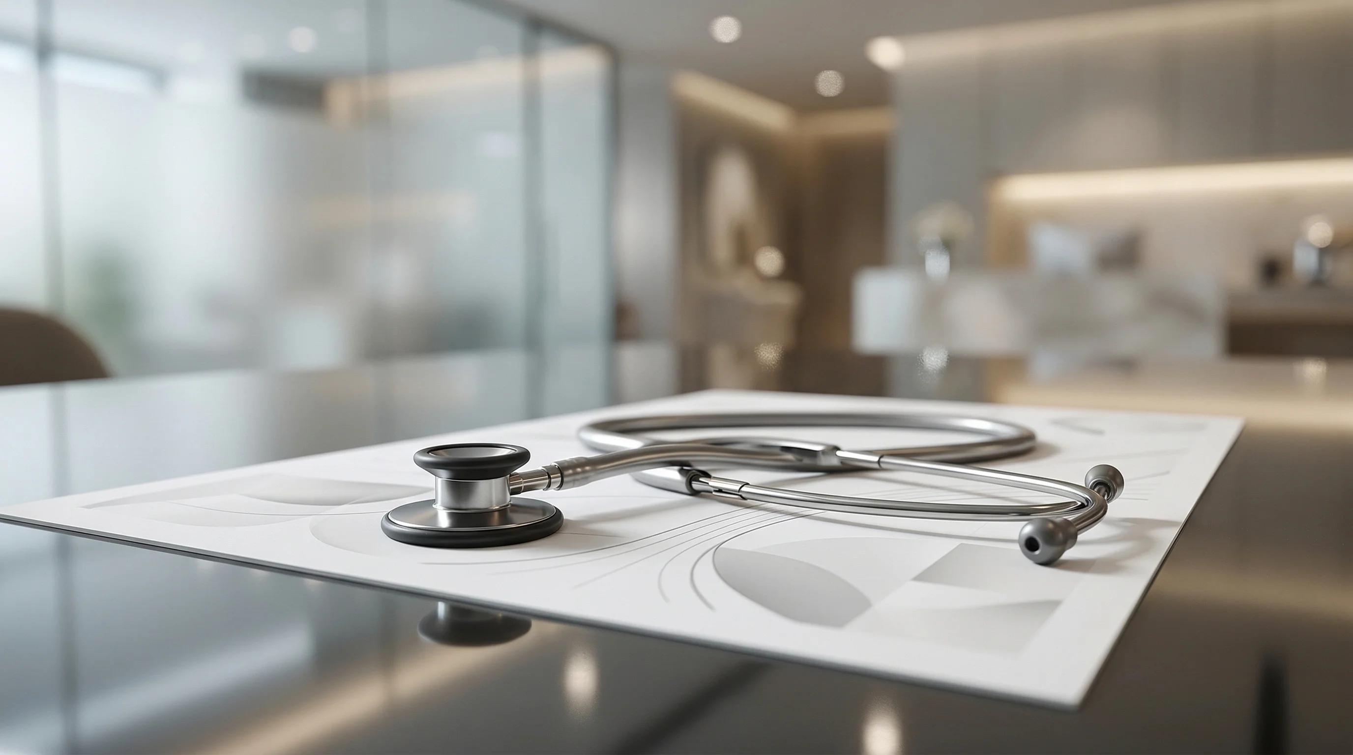 Digital illustration for article section "Two Founders With Adjacent Experience" in "YC's Beacon Health Launches AI Agents to Automate Primary Care Admin" - A sleek, minimalist metallic stethoscope resting elegantly on top of a pristine, abstract operationa...