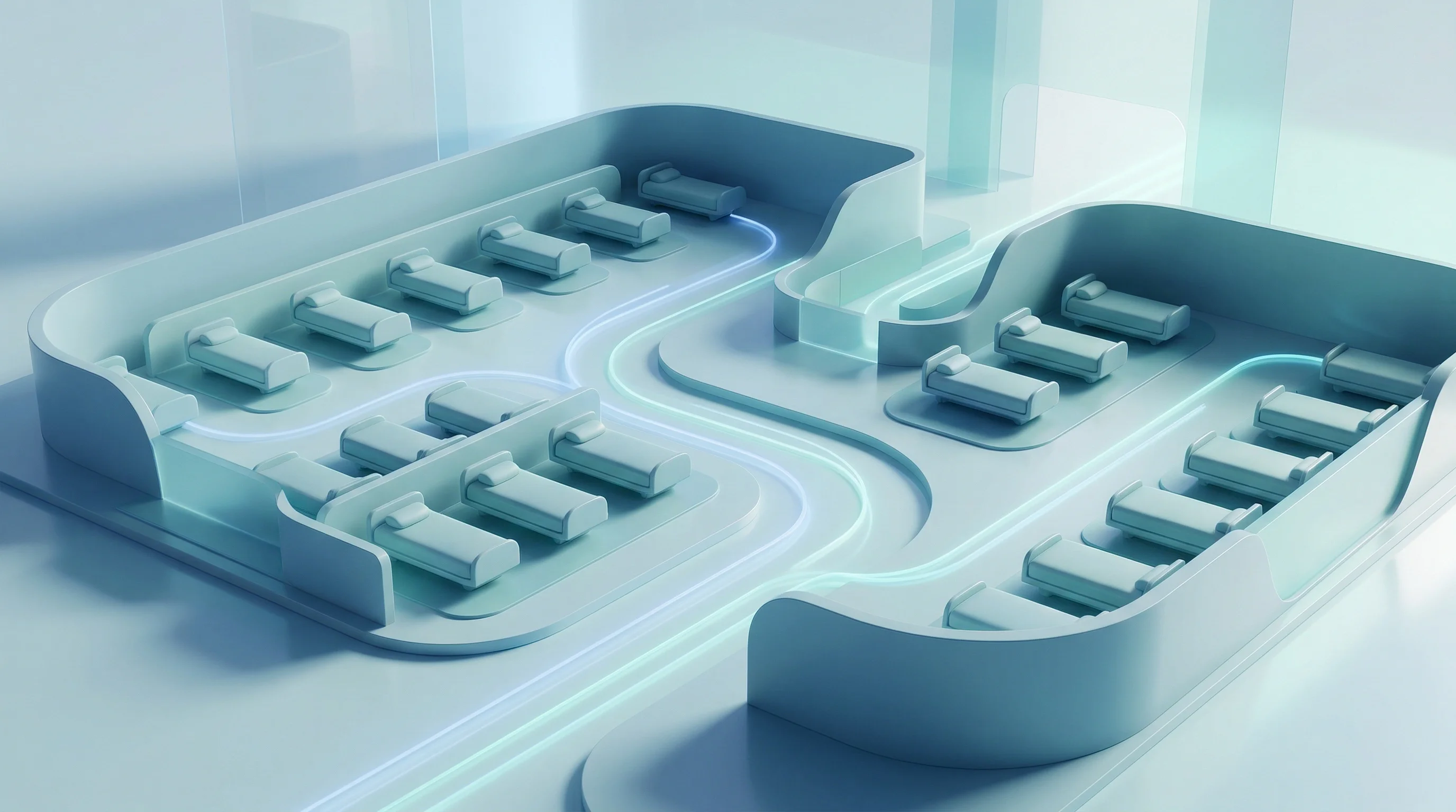 Digital illustration for article section "Hospital Ops: The Fast Movers" in "Digital Twins Transform Healthcare: The $9B Race to Model Humans" - A conceptual, minimalist 3D rendering of a pristine, stylized hospital ward architectural model, sym...