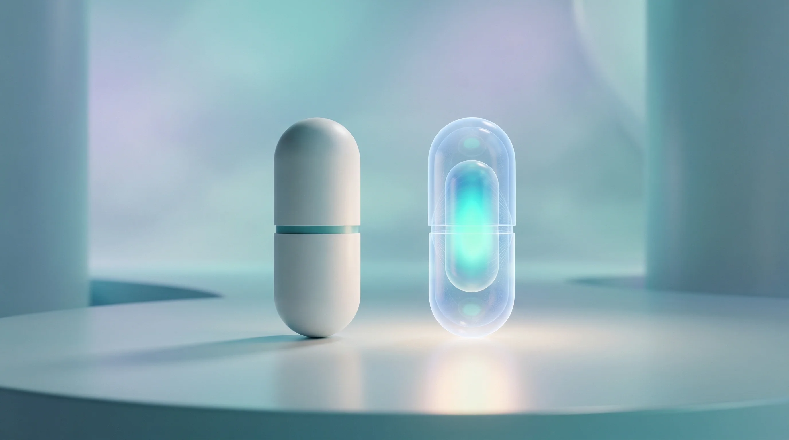 Digital illustration for article section "The Trial Augmentation Gambit" in "Digital Twins Transform Healthcare: The $9B Race to Model Humans" - A minimalist, conceptual 3D rendering representing the augmentation of clinical trials through digit...