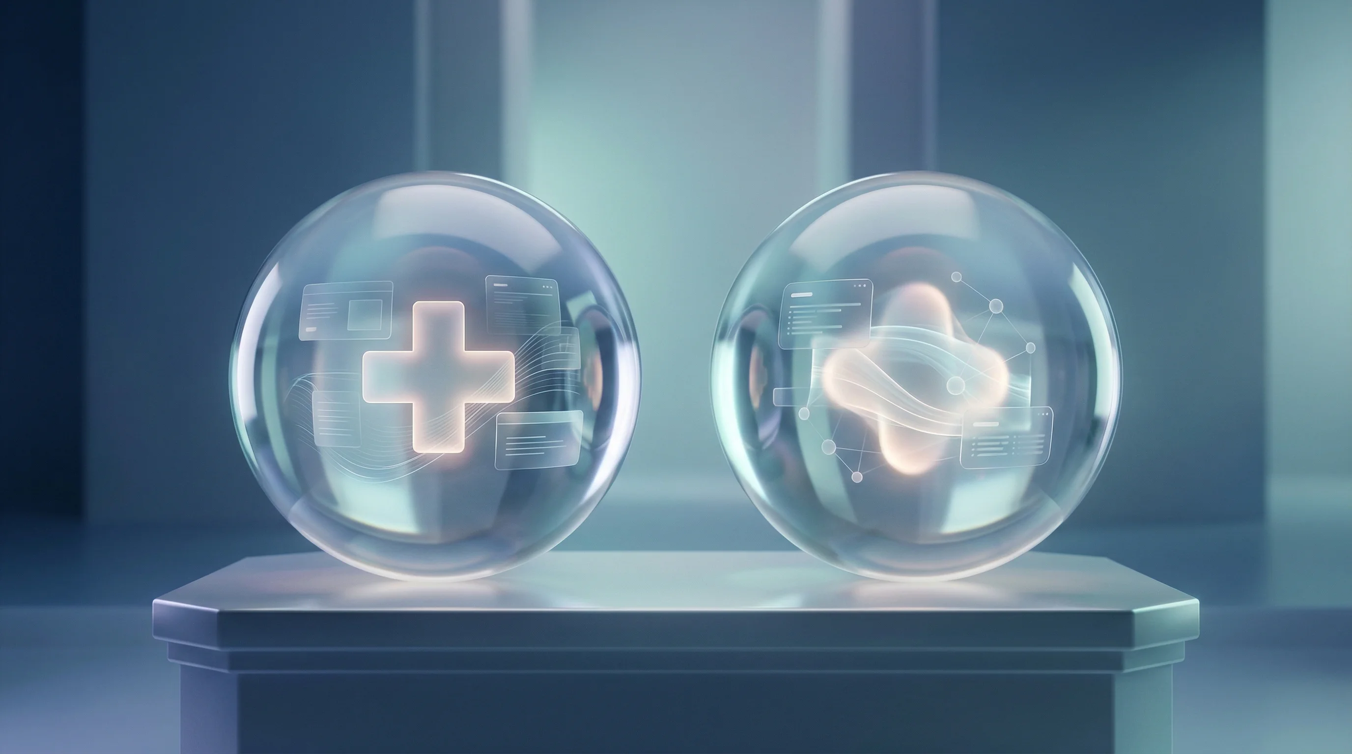 Digital illustration for article section "What Actually Works (and What Doesn't)" in "Digital Twins Transform Healthcare: The $9B Race to Model Humans" - A perfectly symmetrical 3D composition featuring two identical translucent glass spheres resting on ...