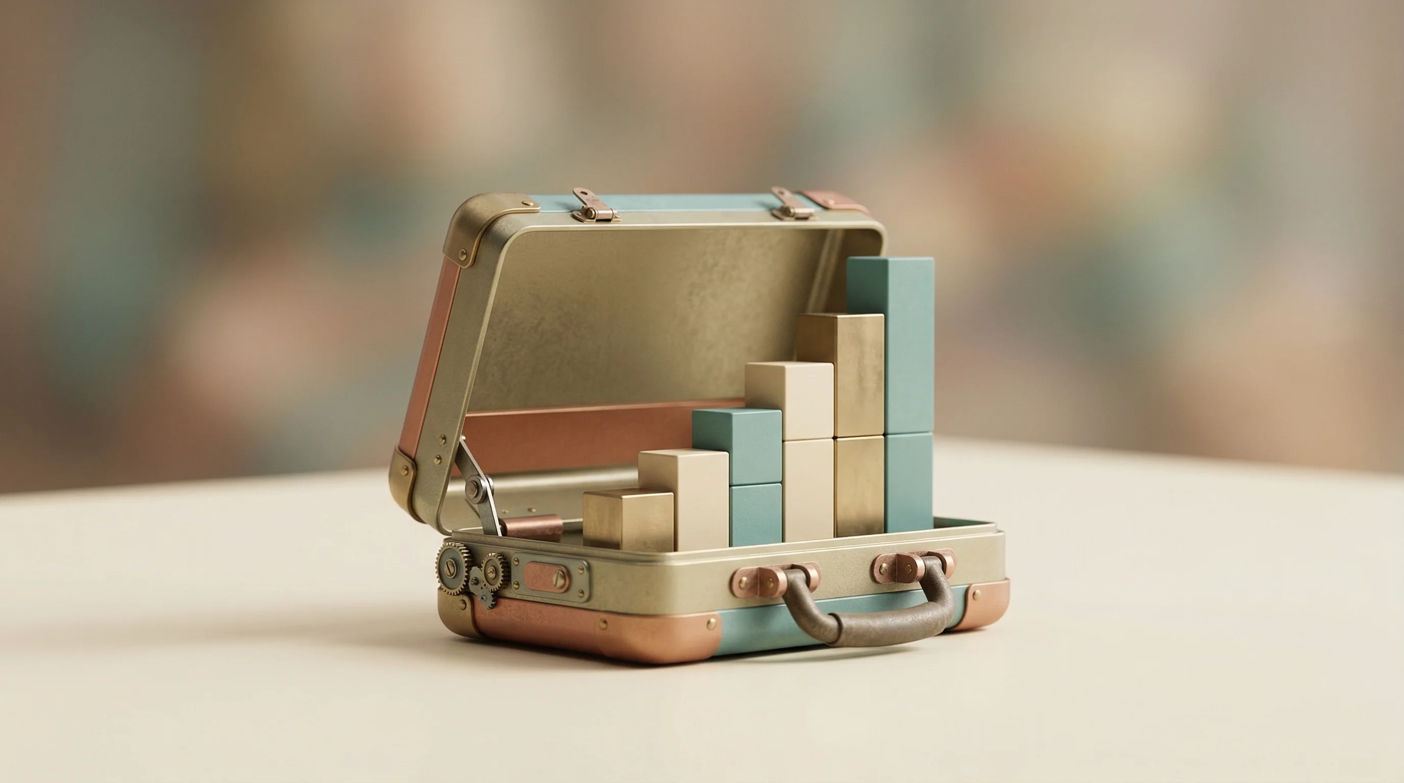 Digital illustration for article section "A Crowded Field, a Growing Market" in "Lance's $8M Freelancer Banking Bet Ends in Shutdown: A Post-Mortem" - A conceptual, clean, and minimal 3D illustration of a finely crafted, retro-futuristic mechanical br...