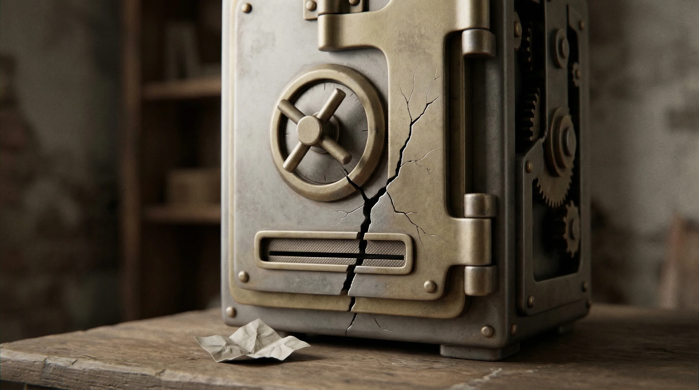 Digital illustration for article section "Where It Started to Crack" in "Lance's $8M Freelancer Banking Bet Ends in Shutdown: A Post-Mortem" - A macro close-up of a retro-futuristic mechanical banking device, resembling a minimalist vintage va...