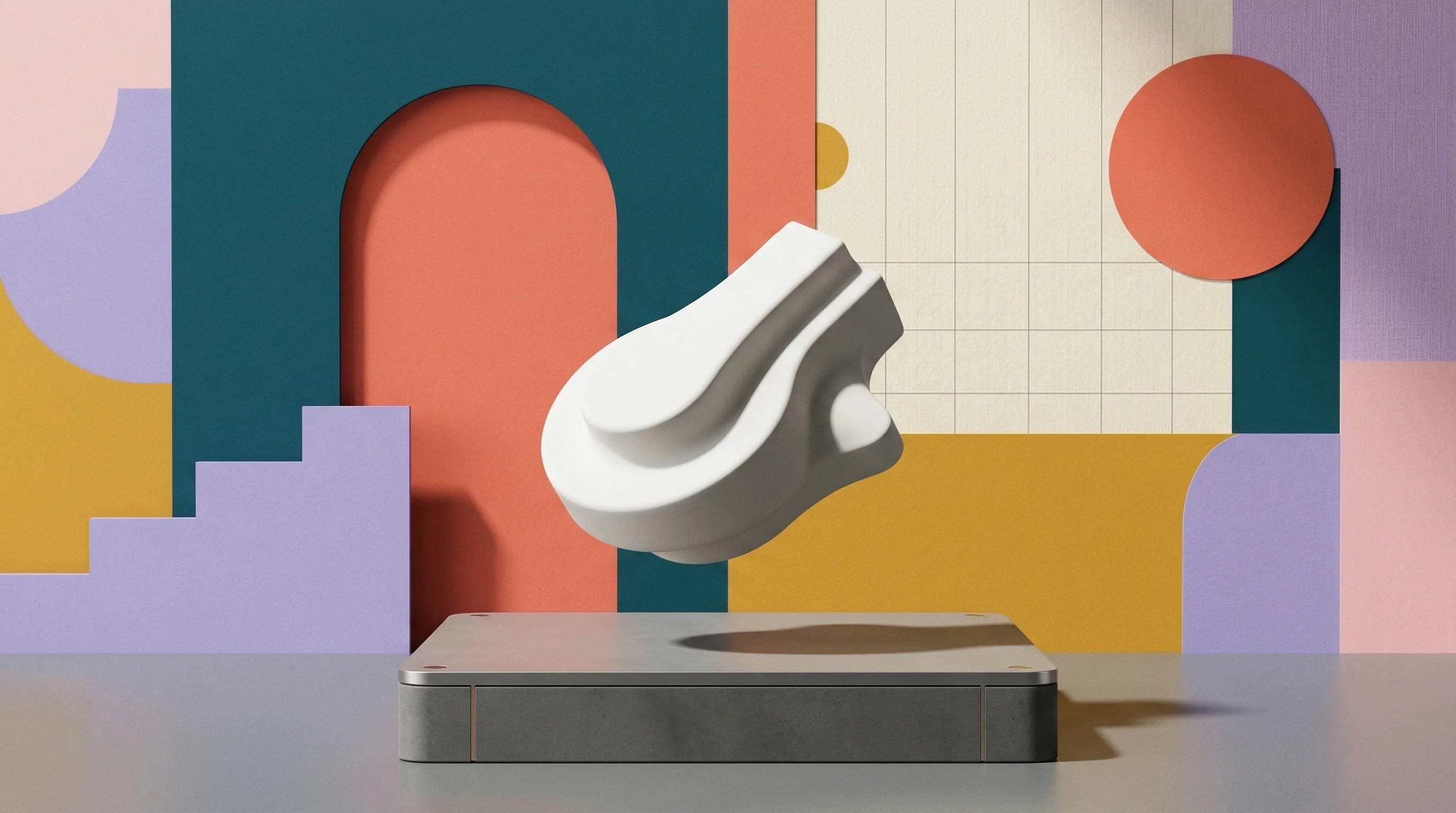 Digital illustration for article section "What Comes Next" in "Leeds Spinout Hydra Raises £577K for Hybrid Ceramics 3D Printing" - A single, perfectly smooth, modern white ceramic industrial form levitating slightly above a sleek, ...
