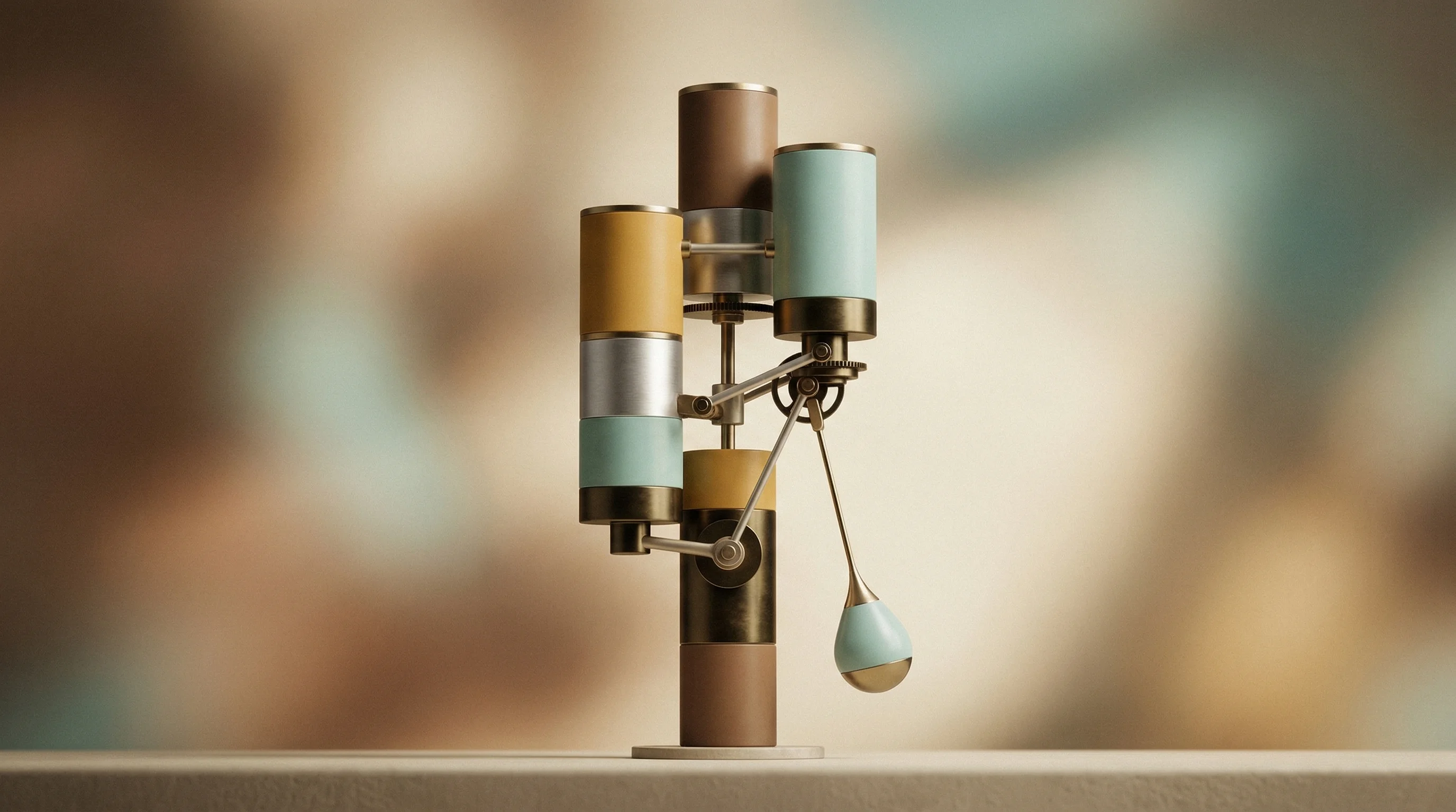 Digital illustration for article section "The Backend Push" in "Lovable Expands Beyond Apps with Multi-Task AI Agent Features" - A sleek, abstract kinetic sculpture featuring smooth, interlocking geometric cylinders representing ...