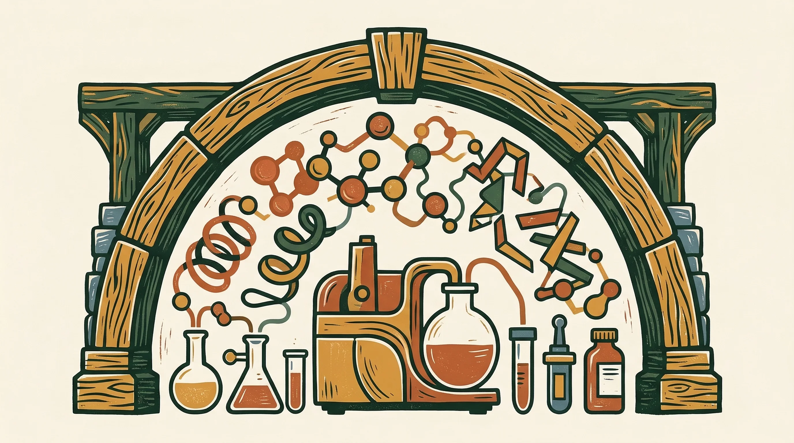 Digital illustration for article section "Infrastructure, Not Tooling" in "AI Platform Tackles Drug Development's Protein Characterization Bottleneck" - A clean, minimal, and flat primitivist composition illustrating the shift toward overarching infrast...
