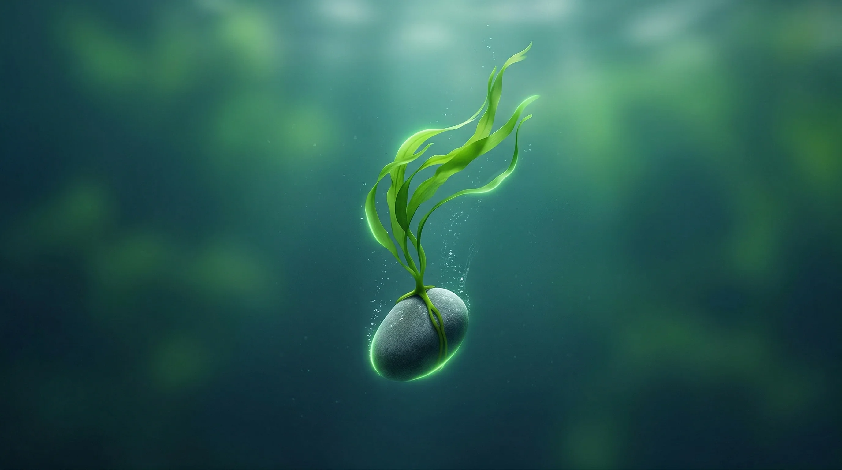 Digital illustration for article section "Blue Carbon Attracts (Cautious) Commercial Interest" in "Ocean Tech's Commercial Turn: From Cleanup Trials to $8M Coral Farms" - A clean, minimal, and conceptual underwater scene focusing on a single, smooth pebble with a vibrant...