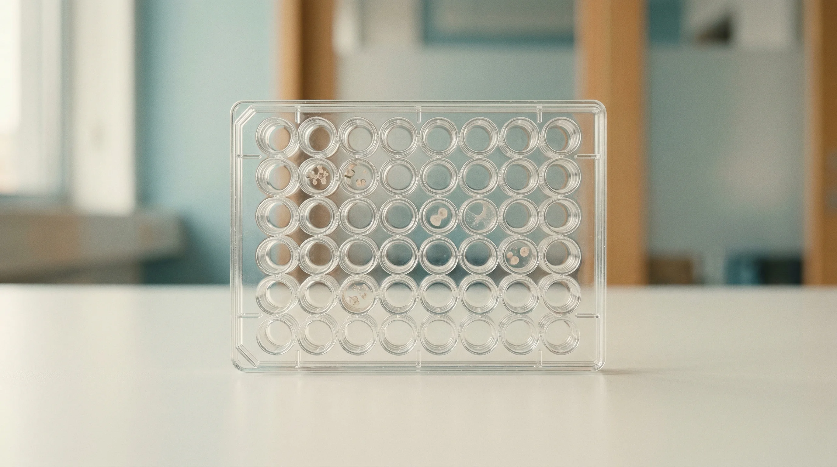 Digital illustration for article section "The Proof Is in the Assay" in "Origin Bio's AI Challenges DeepMind in Gene Therapy Design" - A perfectly centered, symmetrical composition of a clear glass multi-well assay plate resting on a p...
