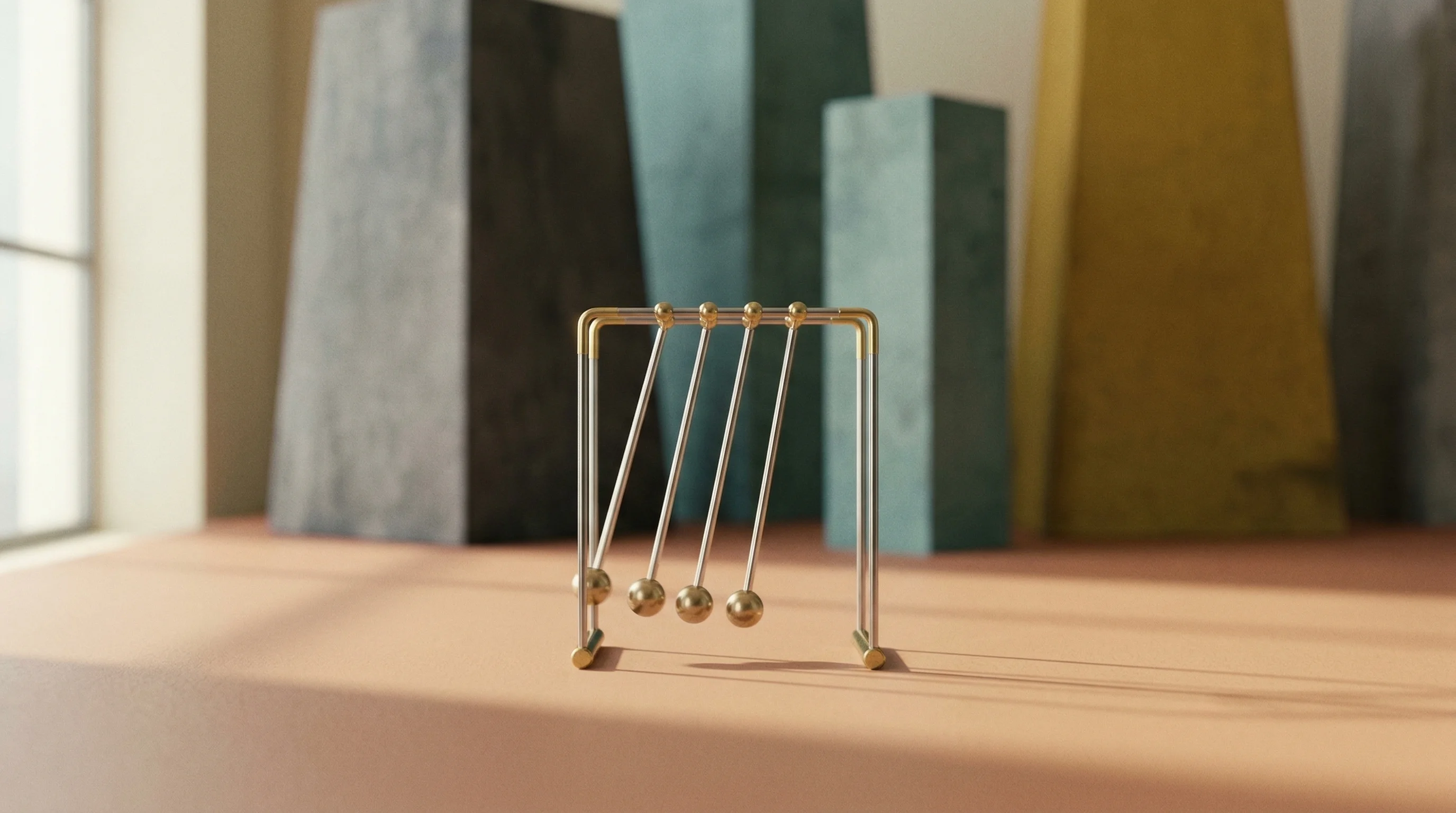 Digital illustration for article section "Can a Four-Person Team Sustain Momentum?" in "Origin Bio's AI Challenges DeepMind in Gene Therapy Design" - A clean, minimalist conceptual composition featuring a small, elegant kinetic sculpture composed of ...