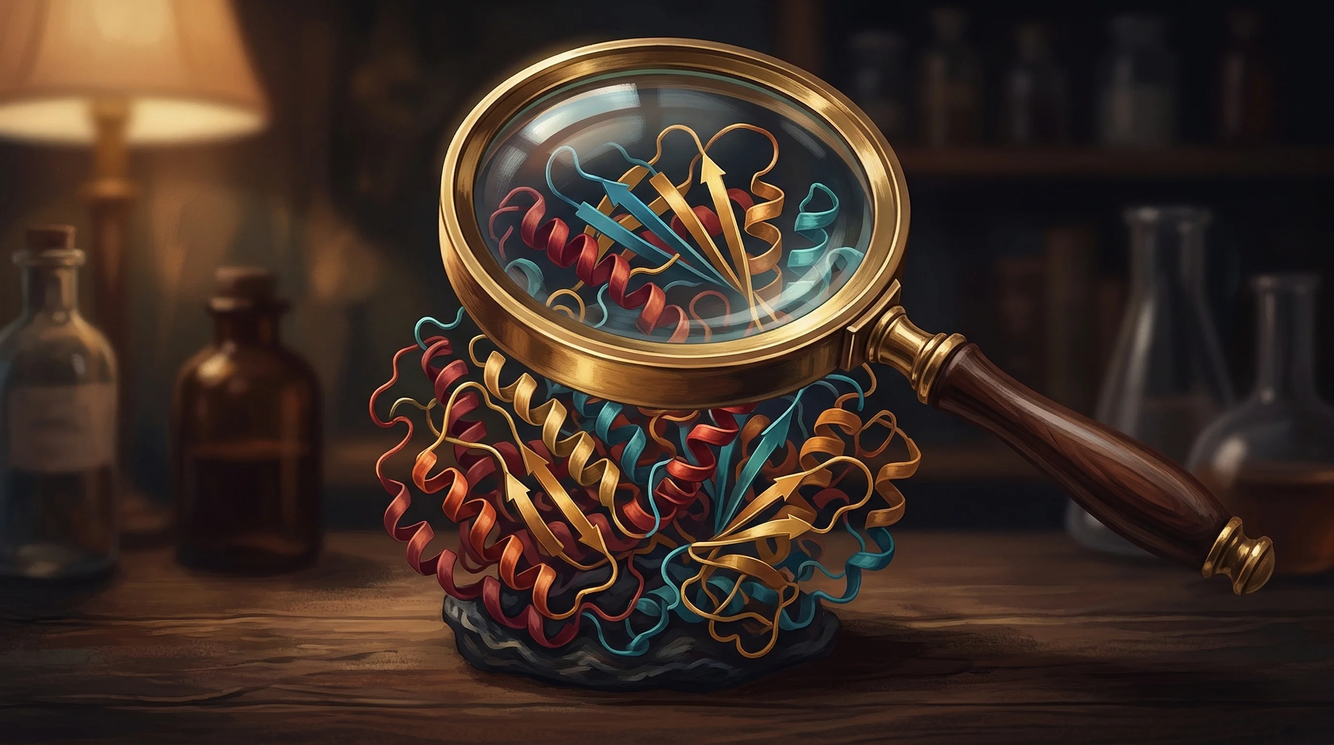 Digital illustration for article section "The Wrong Problem First" in "AI Shifted Drug Development's Bottleneck—This Startup Wants to Fix It" - A beautifully intricate, abstract 3D model of a folded protein structure resting beneath a large, el...