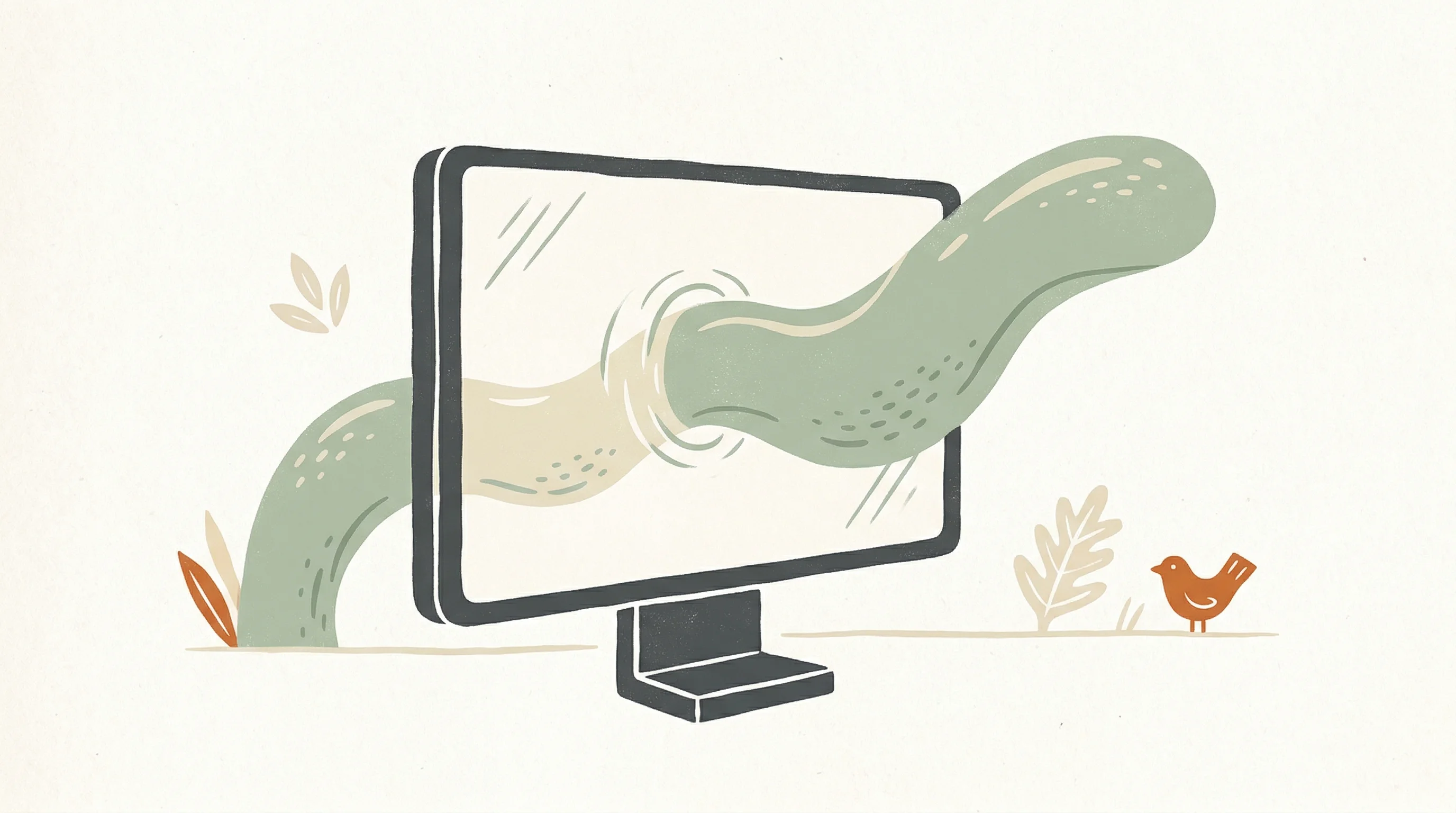 Digital illustration for article section "Through the Screen, Not the API" in "YC-Backed Lance Brings AI Agents to 50+ Hotels Across Major Chains" - A clean, minimalist hand-drawn illustration of a smooth, abstract, fluid shape gently passing direct...