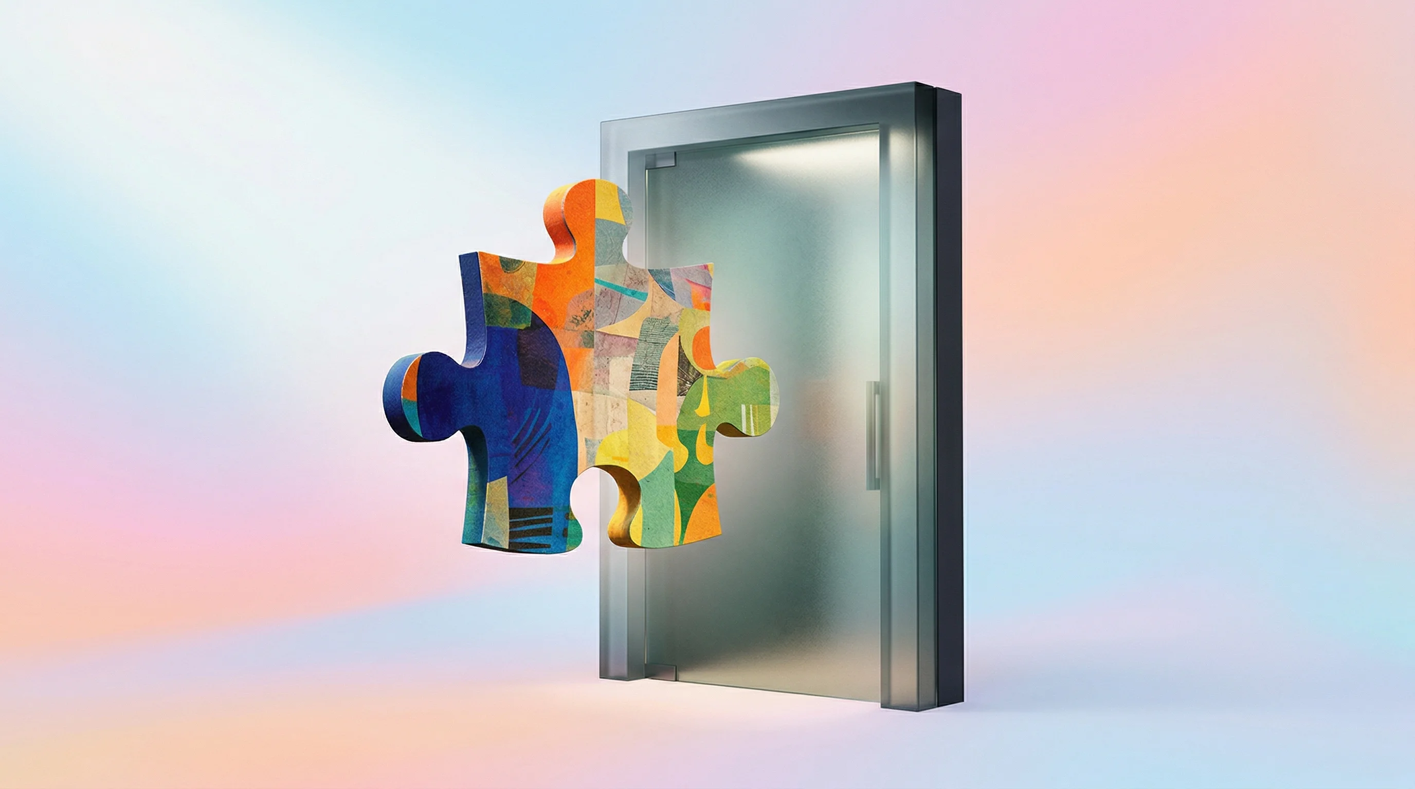 Digital illustration for article section "The Distribution Puzzle" in "GigEasy Raised $1.3M to Rebuild Insurance for the 1099 Economy" - A conceptual and minimalist illustration representing a complex distribution puzzle and a curious co...