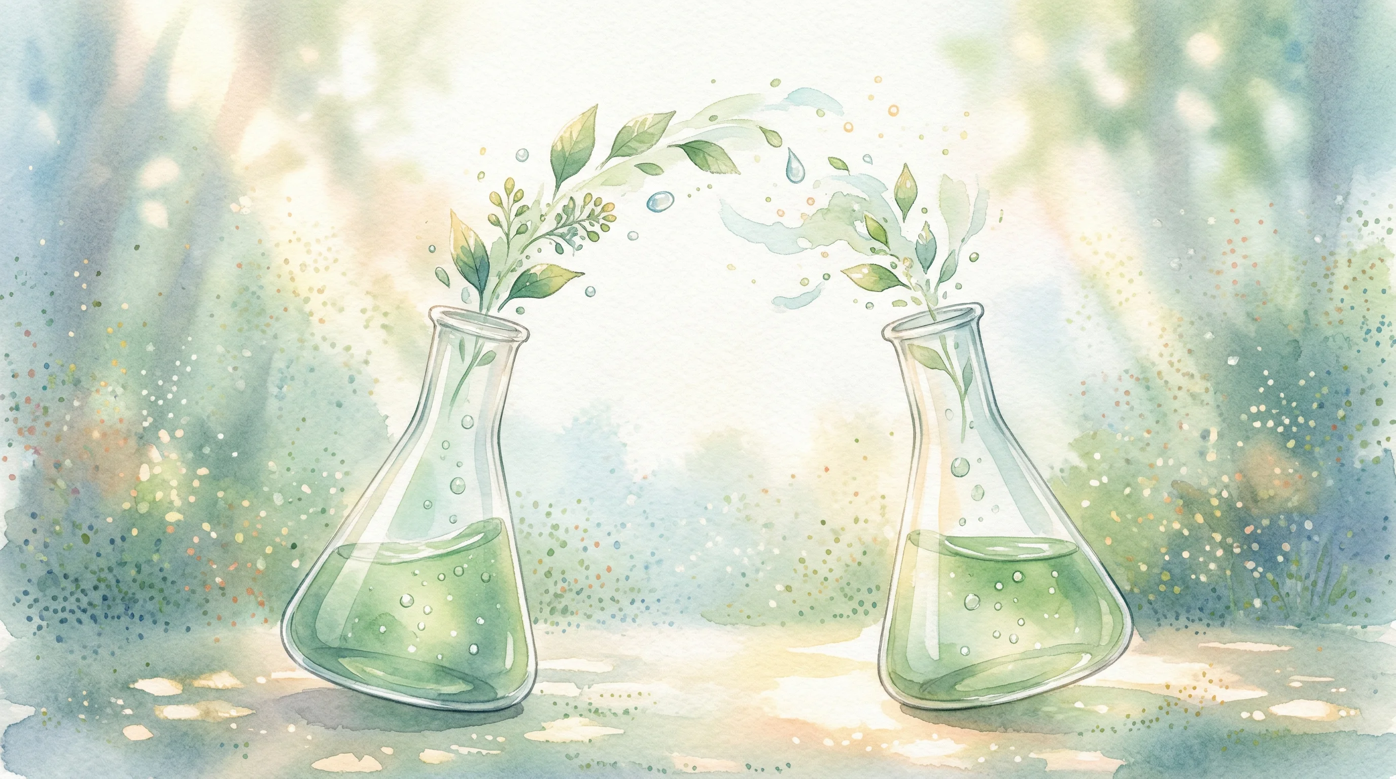 Digital illustration for article section "The Partnership That Isn't (Quite) There" in "DeNovo Launches $25/Month AI Platform, Claims UN Partnership" - A conceptual, minimal illustration of two elegant, translucent glass chemistry flasks gently leaning...