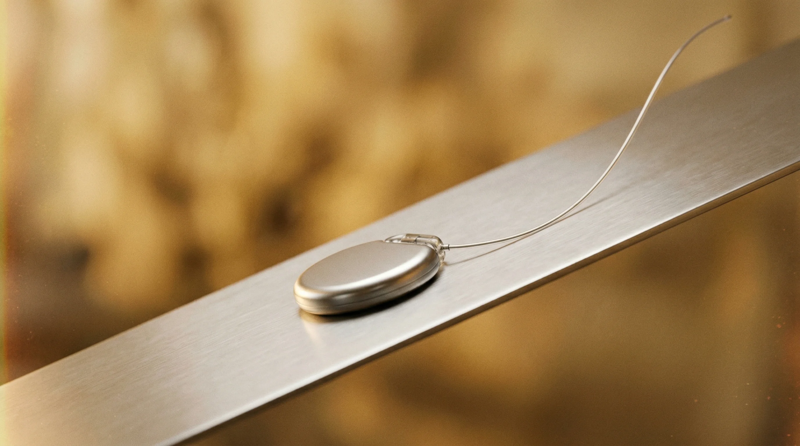 Digital illustration for article section "Market Momentum and Regulatory Tailwinds" in "Brain's Drainage System: The Bioelectronic Bet Against Alzheimer's" - A sleek, minimalist metallic oval pulse generator with a single delicate, sweeping wire rests on a s...