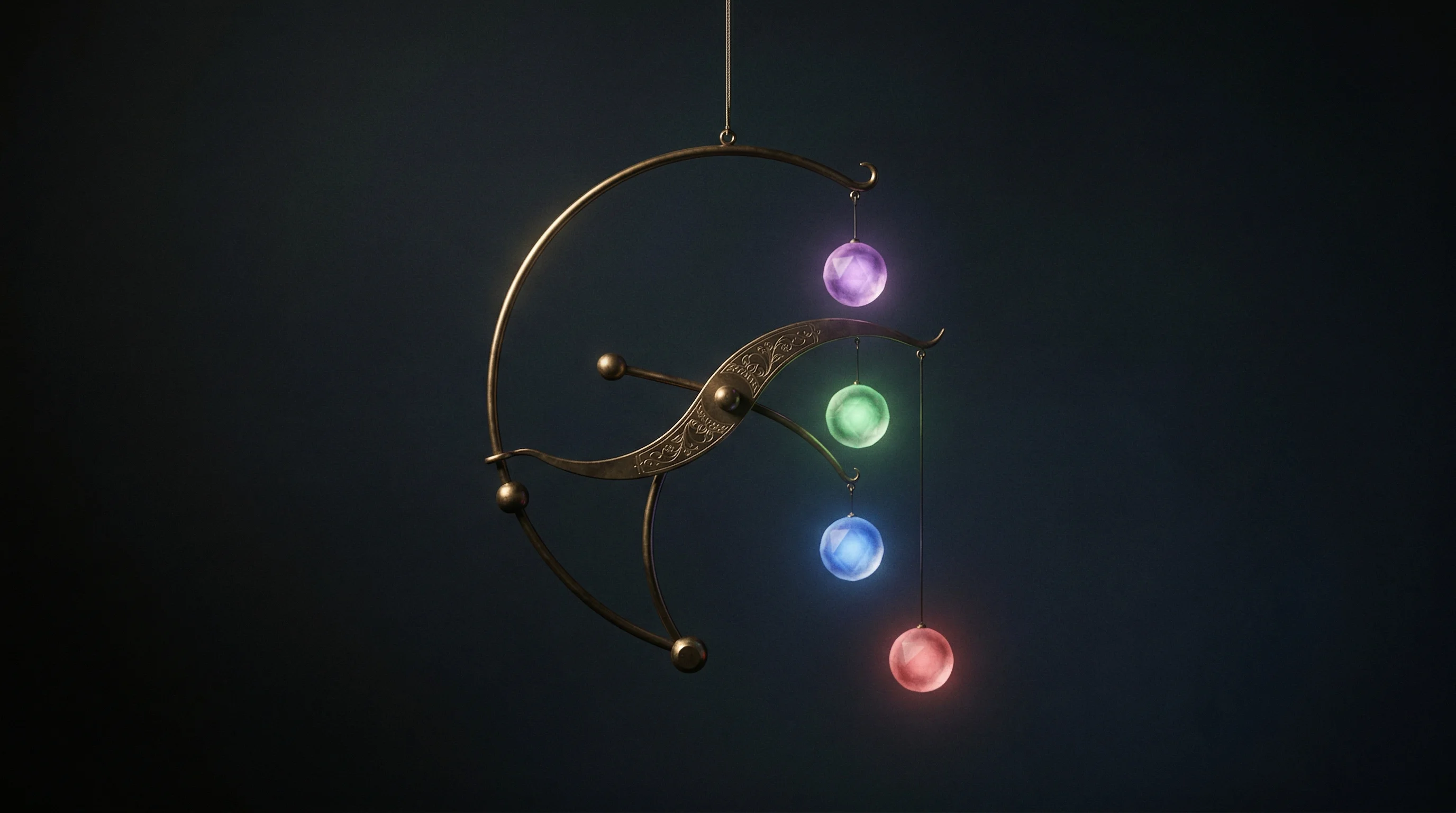 Digital illustration for article section "The Execution Question" in "YC-Backed 1Code Launches Multi-Agent Orchestration for Developers" - A conceptual and minimal composition featuring a single, elegant brass mobile perfectly balancing a ...