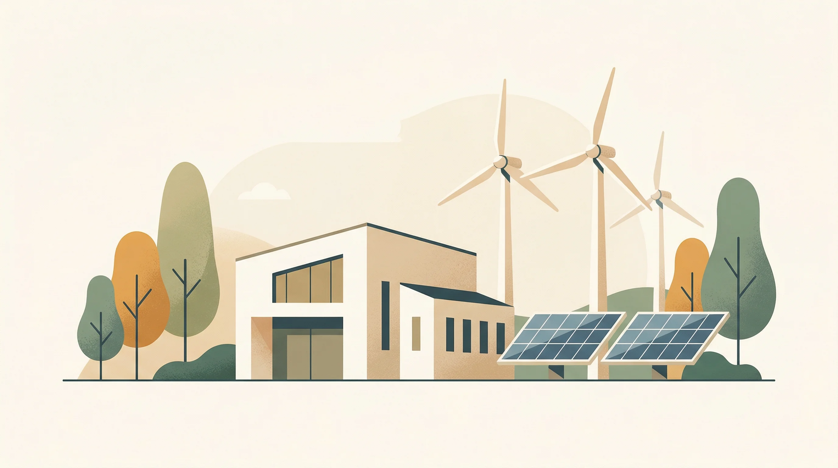 Digital illustration for article section "An Industry Scrambling for Alternatives" in "Voxel Energy Launches Off-Grid Data Centers Powered by Solar and Used EVs" - A minimalist, conceptual illustration of a modern data center facility generating its own off-grid p...