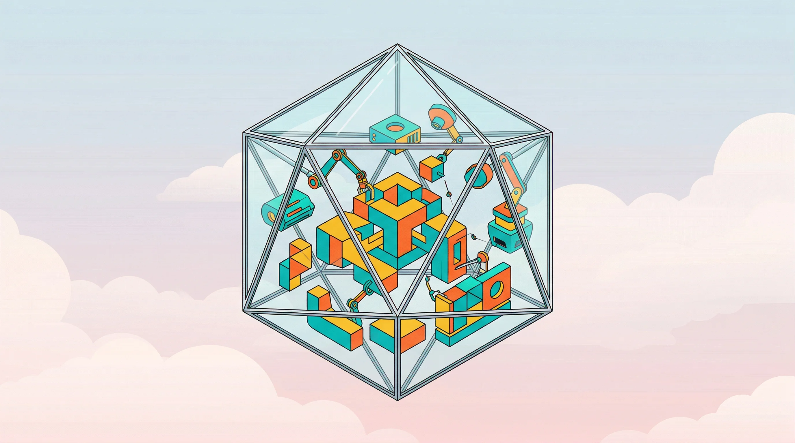 Digital illustration for article section "The AI Angle" in "Namespace Raises $23M to Build 'Compute Layer for Code' at Agent Speed" - A conceptual illustration of an isolated cloud environment representing an AI "Devbox," featuring a ...