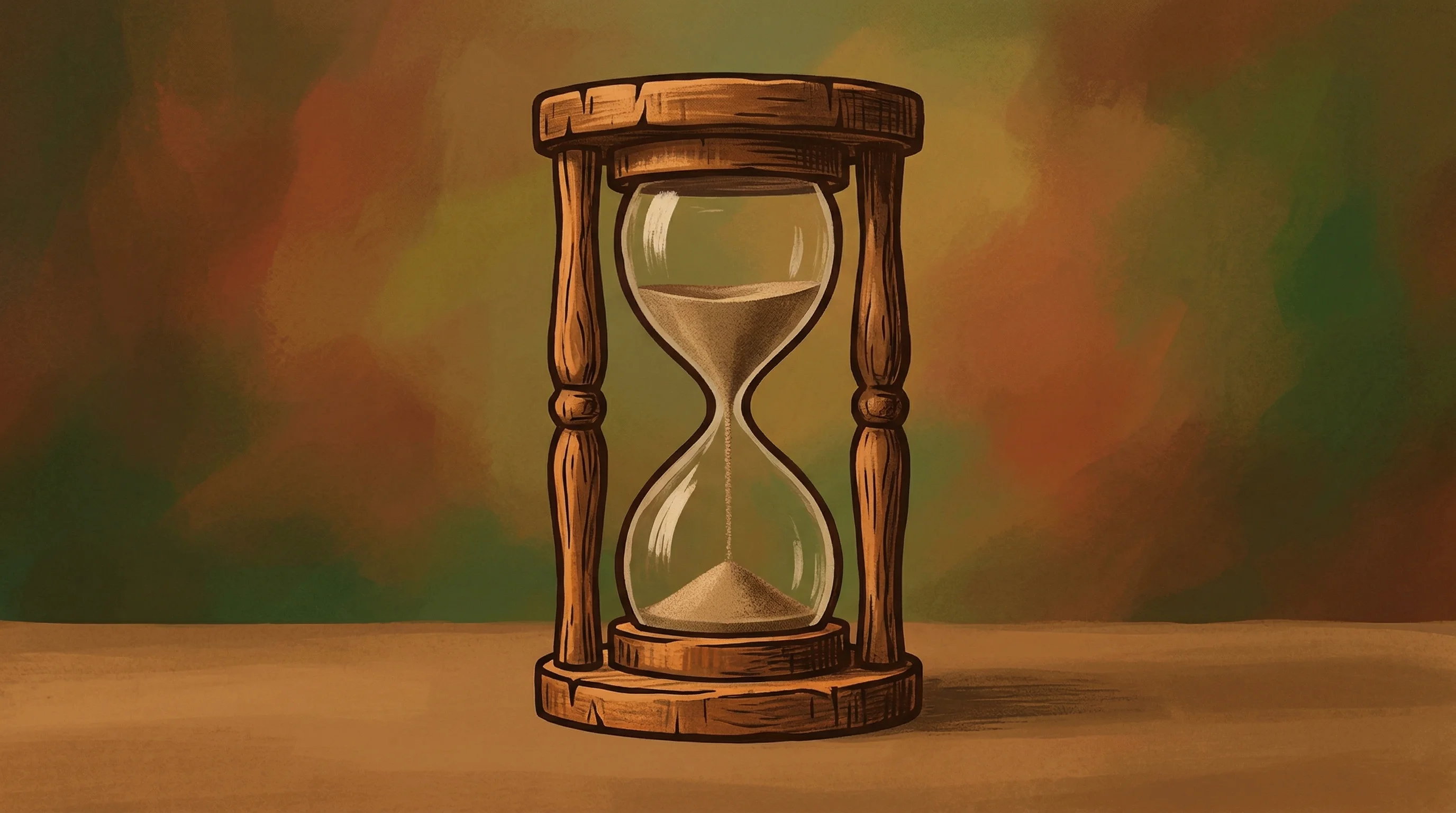 Digital illustration for article section "The Question of What Comes Next" in "Forum Launches Exchange to Trade on Cultural Attention and Virality" - A minimalist and conceptual illustration of a solitary, uncarved wooden hourglass resting on a flat,...