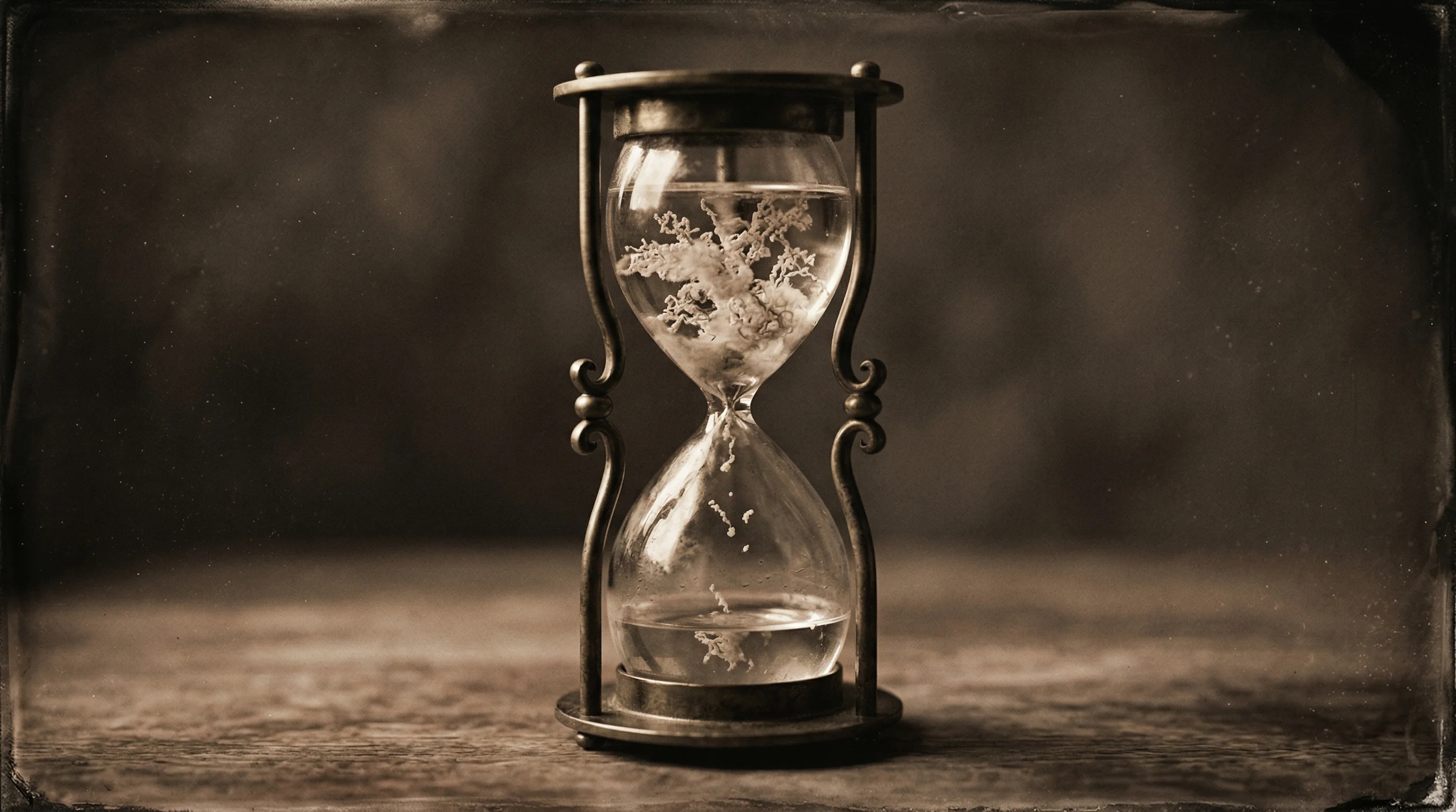 Digital illustration for article section "The Wait Begins" in "Immutrin Raises $87M Series A for Antibody Therapy to Clear Amyloid" - A conceptual, minimalist composition featuring a solitary, elegant antique hourglass resting on a cl...