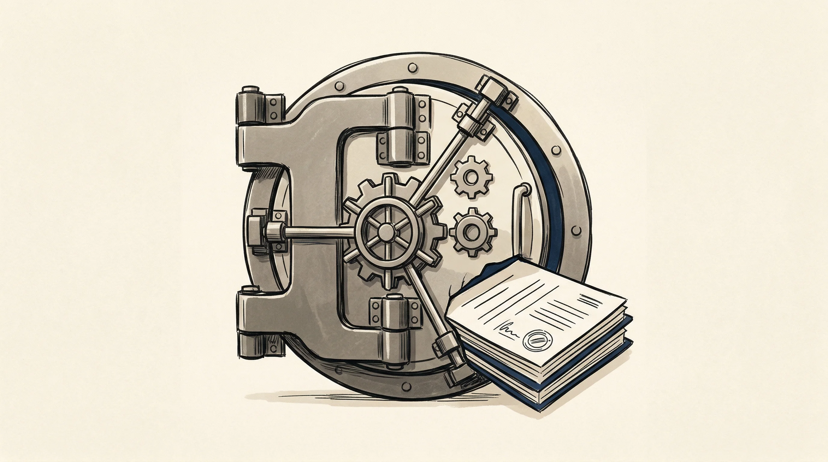 Digital illustration for article section "Security Theater or Real Compliance?" in "Dynamiq Launches All-in-One Platform for Enterprise AI Agents" - A minimalist, conceptual illustration of a heavy, solid bank vault door securely locking a stack of ...