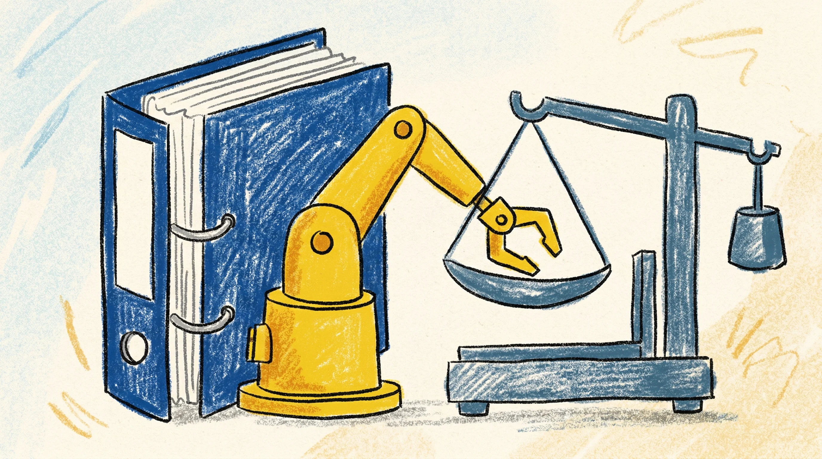 Digital illustration for article section "Regulation Arrives, Ready or Not" in "The Race to Archive Human Skill for Robot Training" - A conceptual and minimal illustration representing the arrival of strict AI regulations, featuring a...