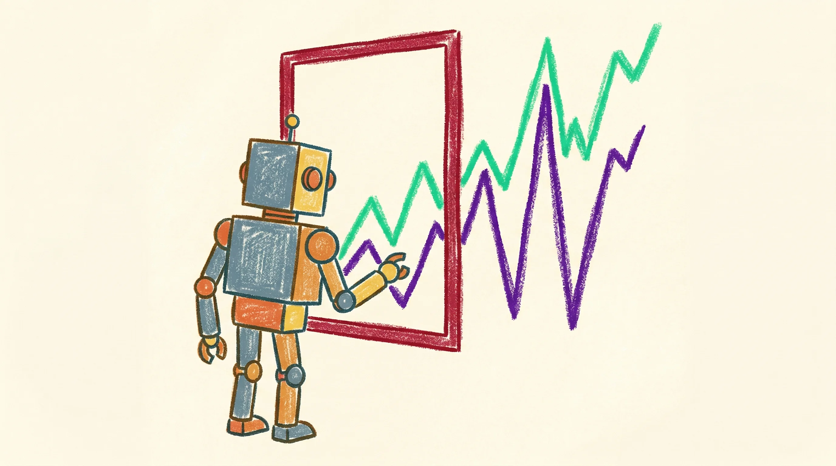 Digital illustration for article section "The Narrow Window" in "The Race to Archive Human Skill for Robot Training" - A conceptual and minimalist illustration of a simplified, abstract humanoid robot figure looking thr...